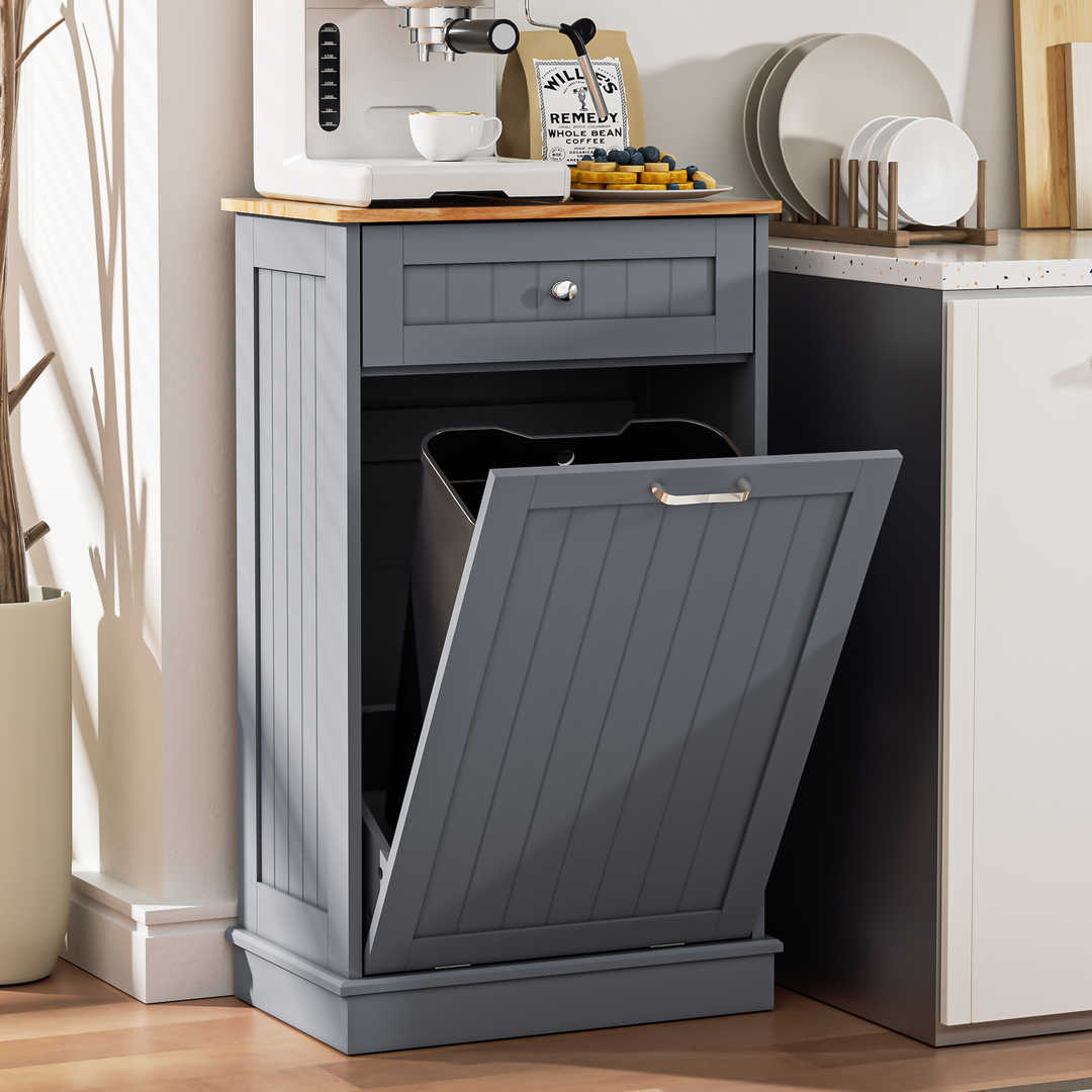 Single Tilt Out Trash Cabinet for 13 Gallon Waste Bin, Free Standing Kitchen Trash Can Cabinet with Drawers