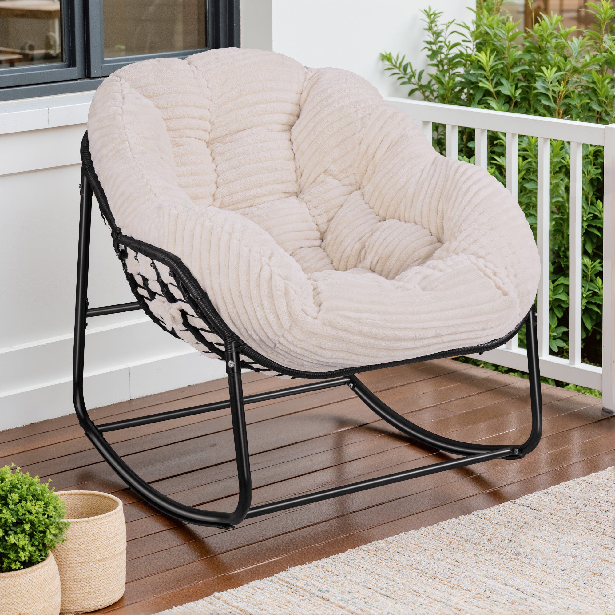 AHB® Oversized Indoor/Outdoor Egg Rocking Chair with Thick Corduroy Cushion, Straps & Modern Wicker Design
