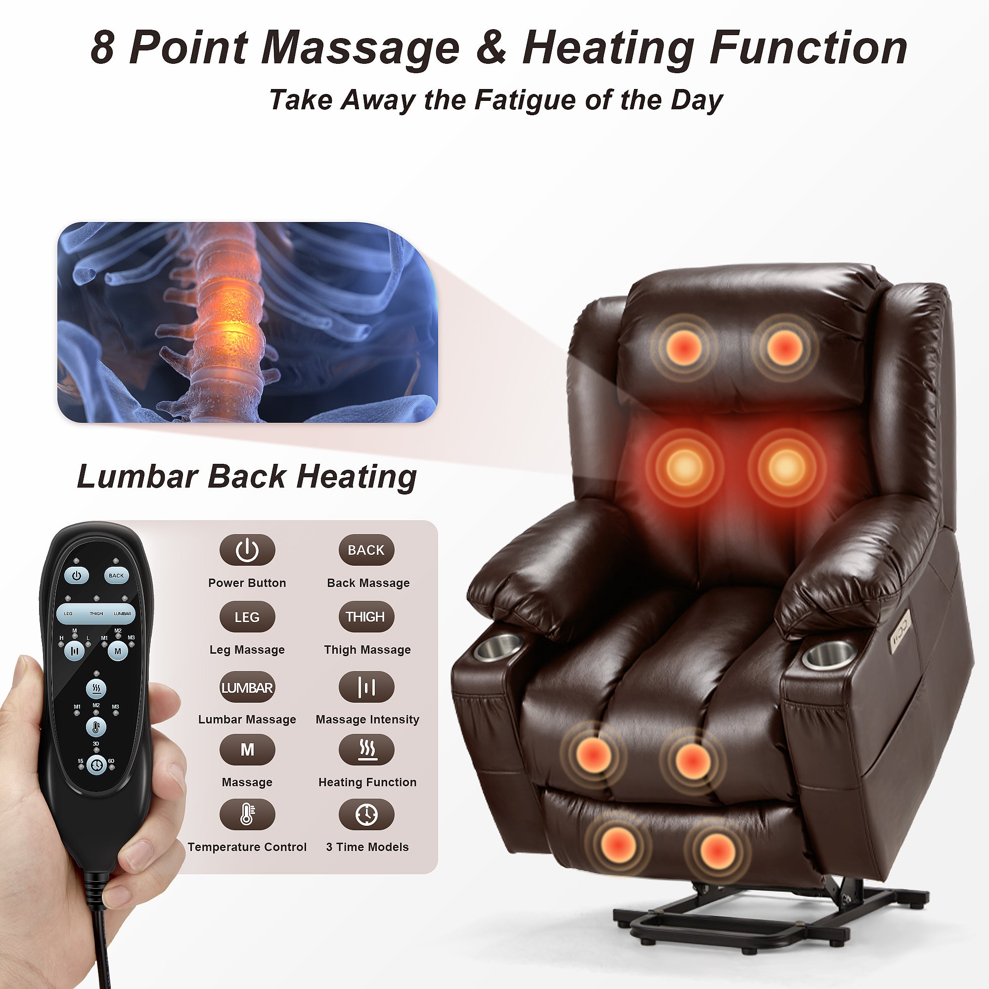 AHB® Power Lift Recliner Leather Chair Sofa with Massage & Heat, Lazy Boy Chair with Cup Holders, USB & Type-C Ports, Remote Control