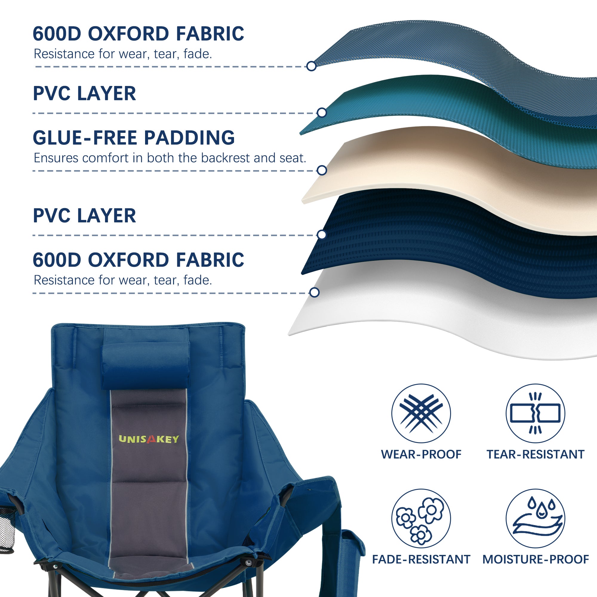 Oversized Rocking Camping Chair with Headrest & Cup Holder - 400lbs Capacity, 600D Oxford Fabric