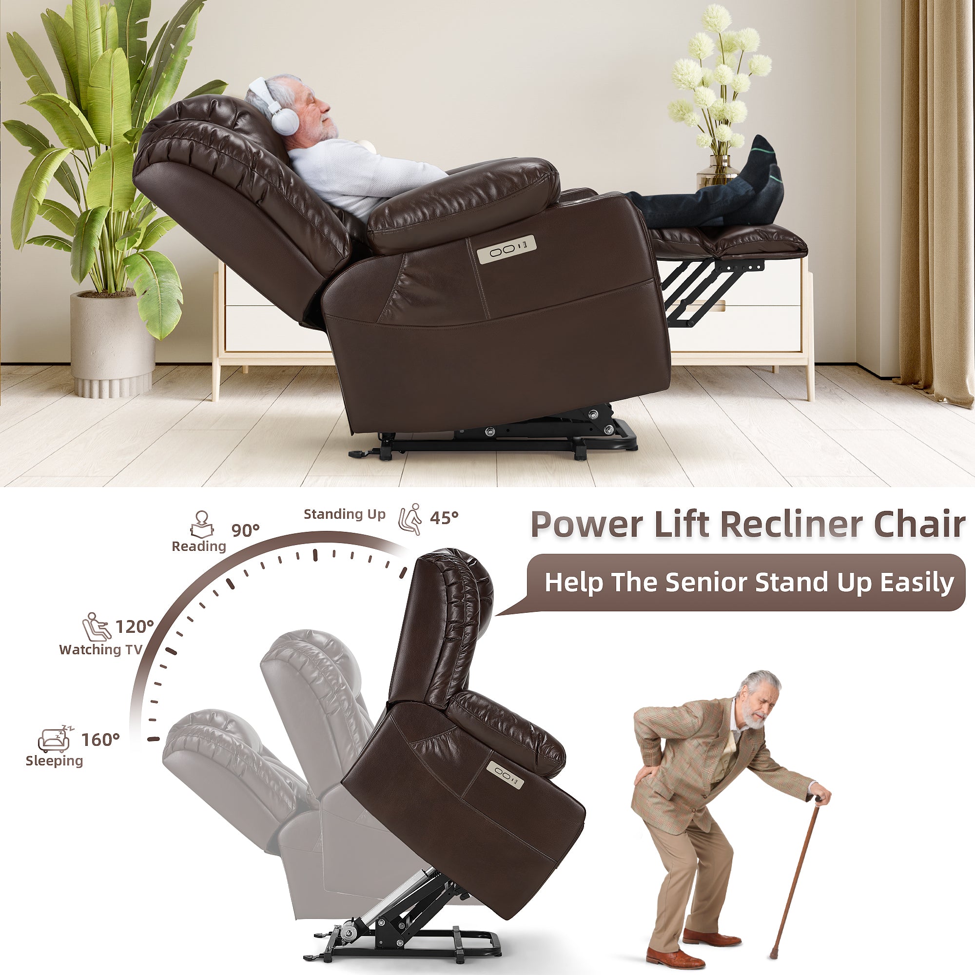 AHB® Power Lift Recliner Leather Chair Sofa with Massage & Heat, Lazy Boy Chair with Cup Holders, USB & Type-C Ports, Remote Control