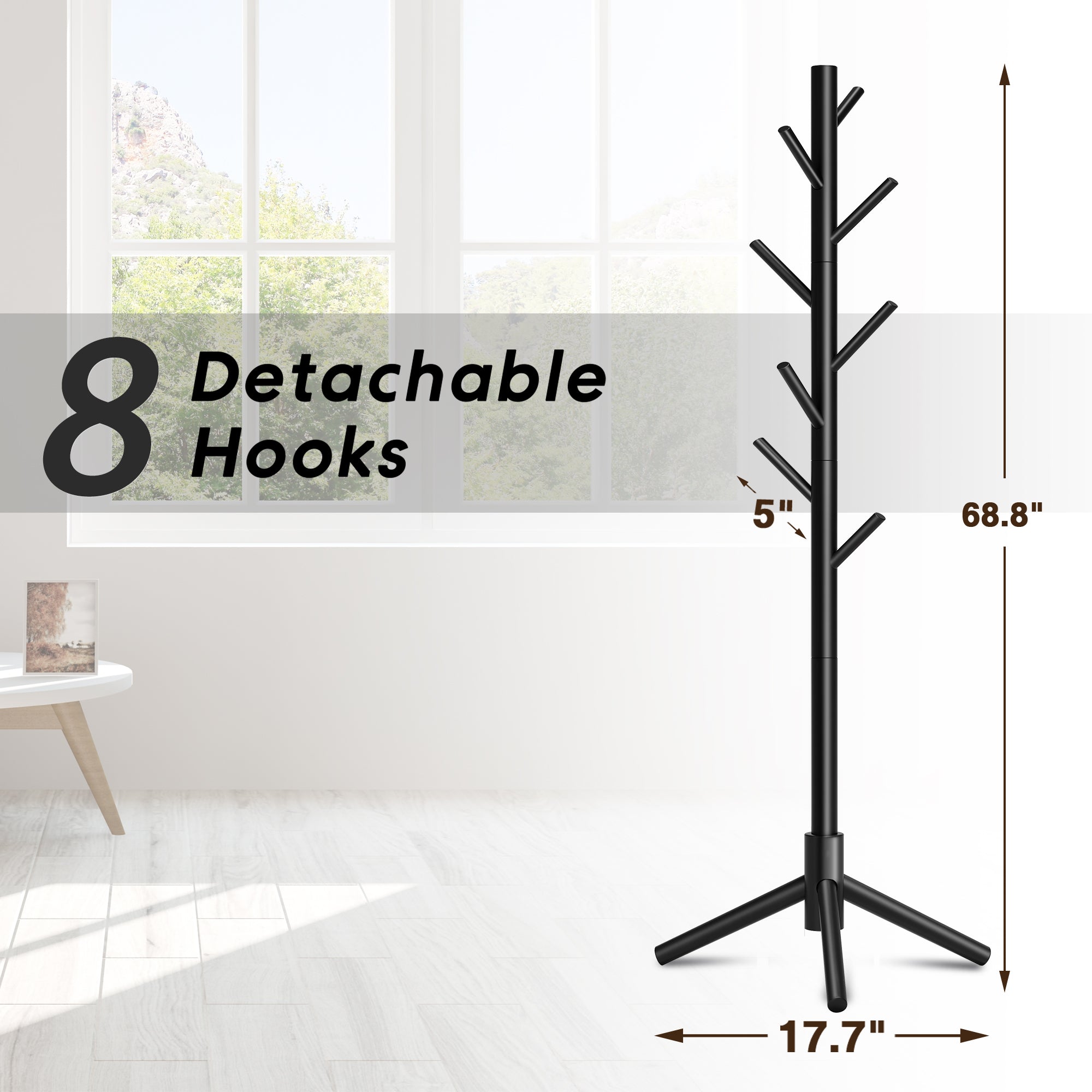 Durable Wooden Coat Rack, Freestanding Coat Rack, 8 Hooks & 3 Adjustable Heights
