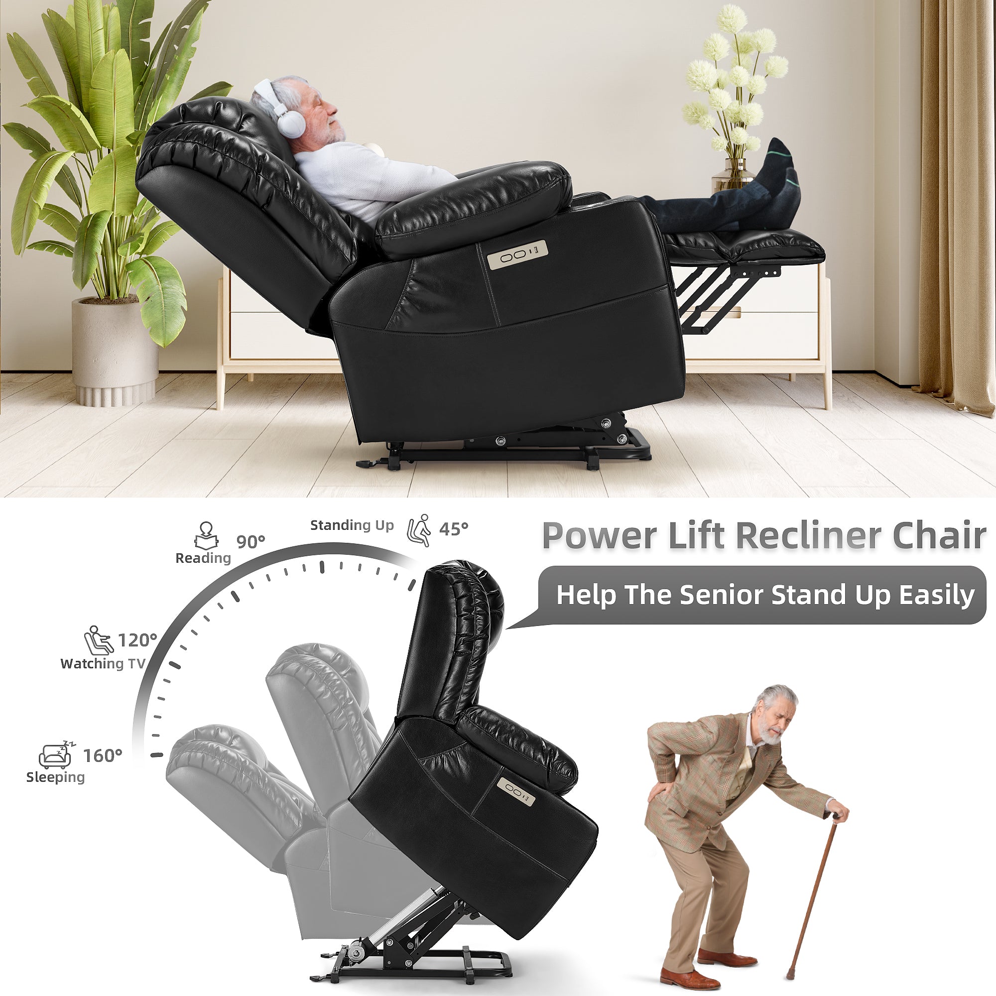 AHB® Power Lift Recliner Leather Chair Sofa with Massage & Heat, Lazy Boy Chair with Cup Holders, USB & Type-C Ports, Remote Control
