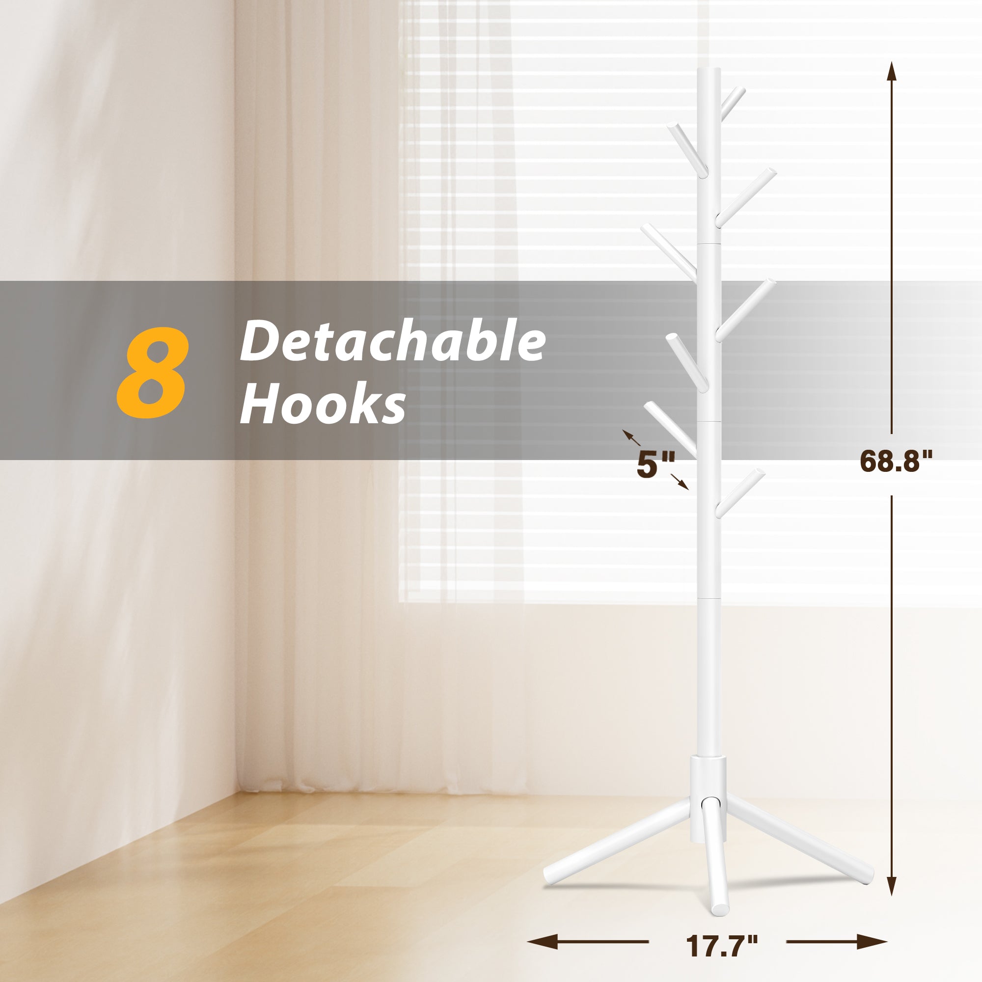 Durable Wooden Coat Rack, Freestanding Coat Rack, 8 Hooks & 3 Adjustable Heights