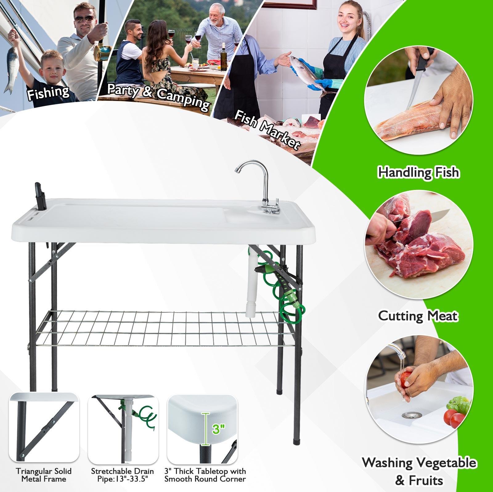 AHB® Folding Fish Cleaning Table Portable Camping Sink with Faucet Drainage Hose & Sprayer