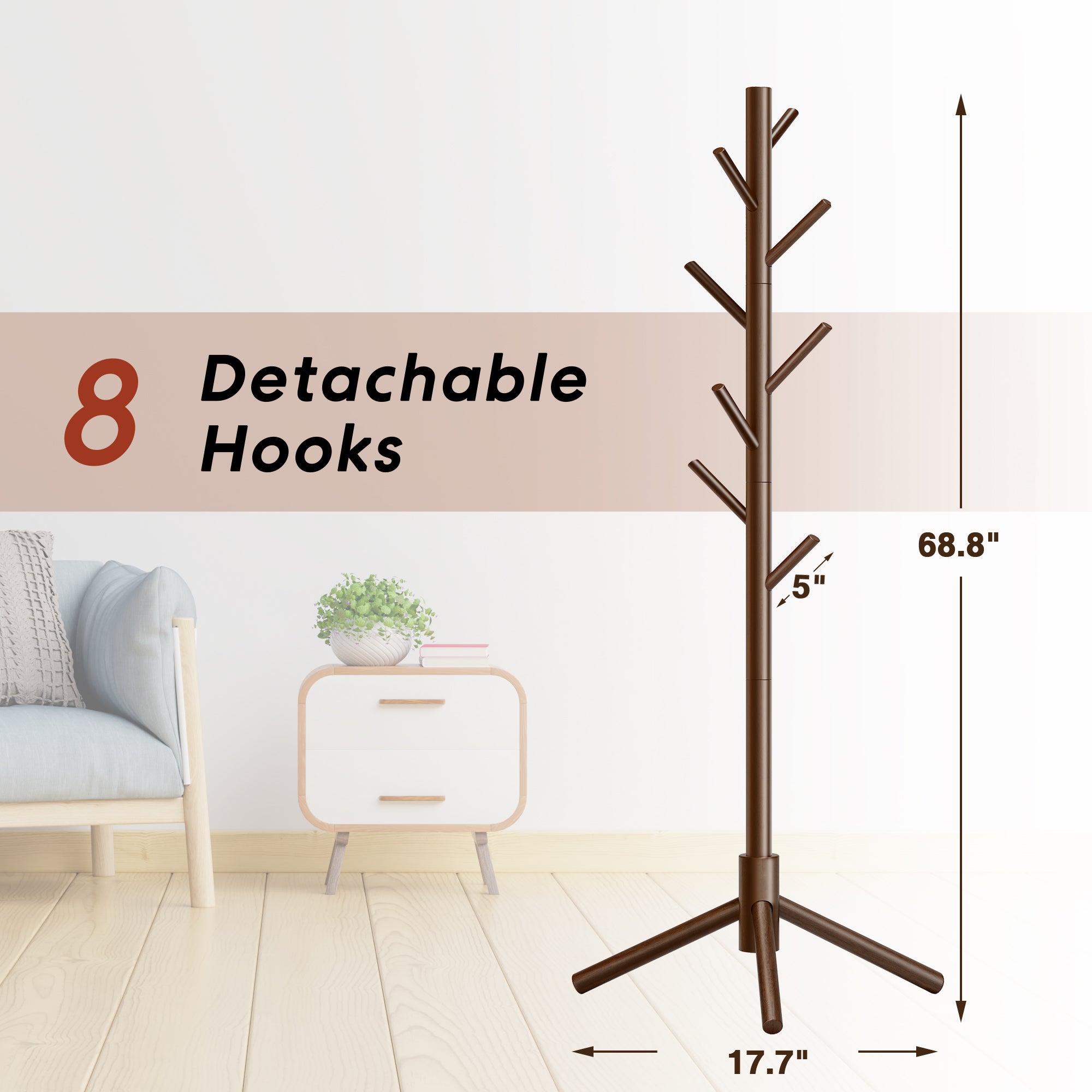 Durable Wooden Coat Rack, Freestanding Coat Rack, 8 Hooks & 3 Adjustable Heights