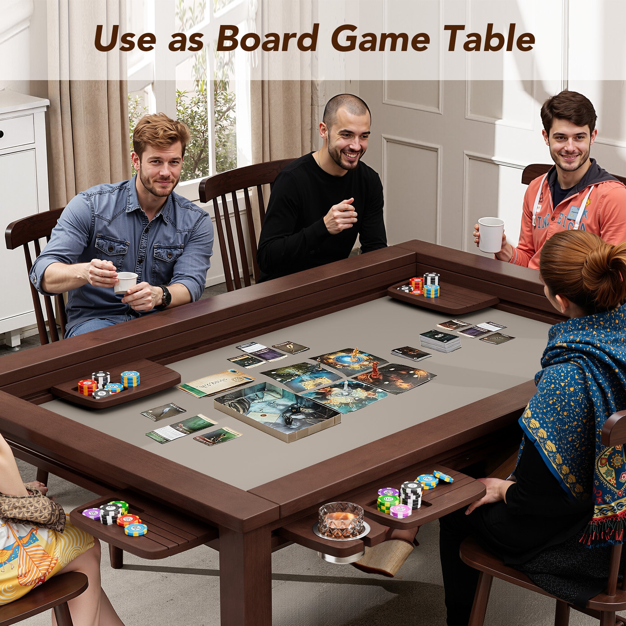 Convertible Board Game Table for 4-6 Players, Spacious Gaming Space with Table Top, Non-Slip Play Mat, Cup Holder & Game Tray, Dining Table for DND, Poker Card, Family Dinner