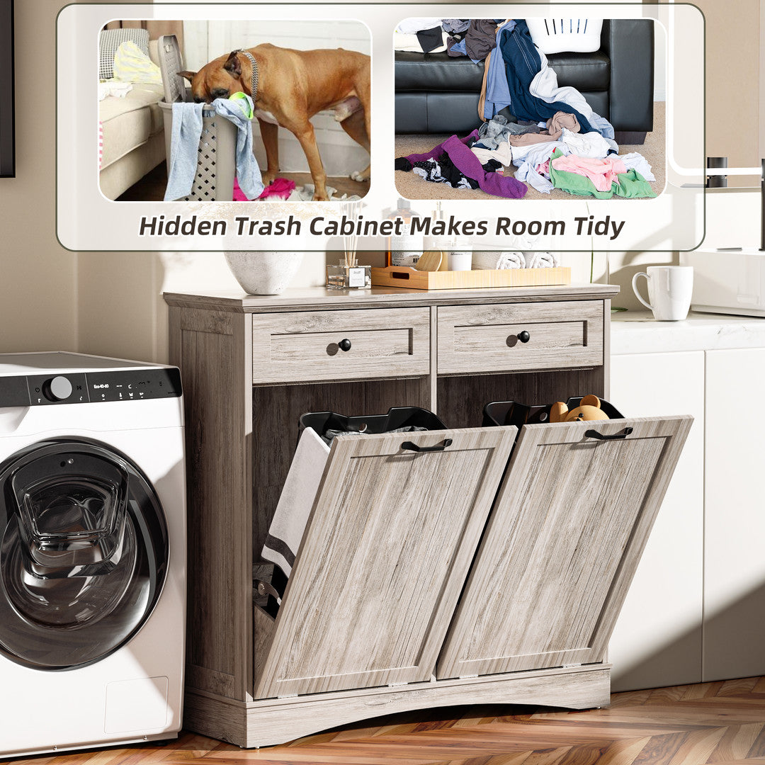 AHB® Double Tilt Out Trash Cabinet, 26 Gallon Trash Can Cabinet with Drawers & Handles for Kitchen