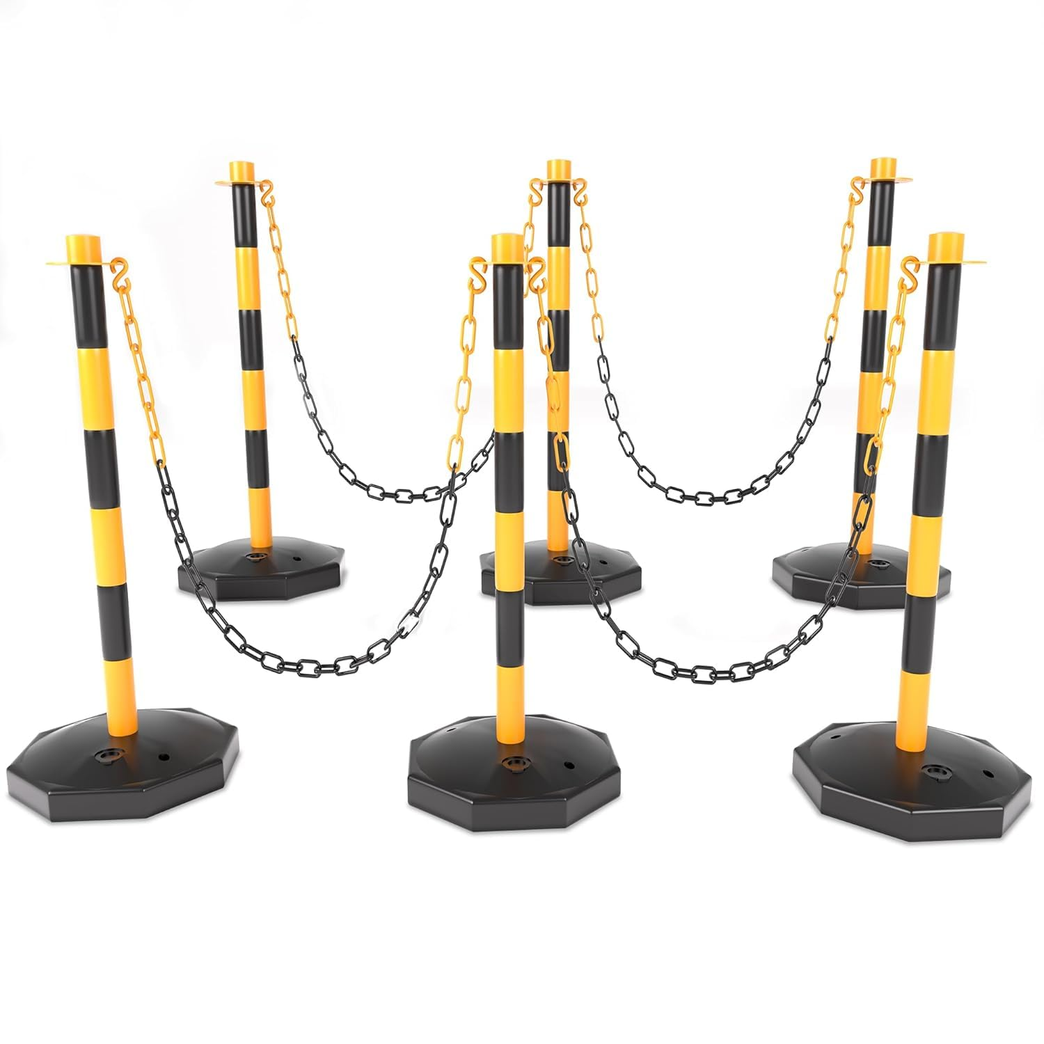 AHB® 6 Pack Traffic Barricade Delineator Post with Fillable Base, Crowd Control Barriers, Cones for Parking Lot, Adjustable Stanchions with 5.4FT Plastic Chain Outdoor and Indoor