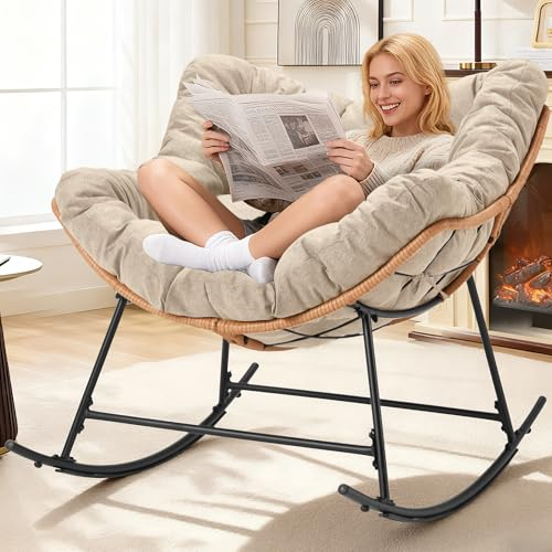 AHB® Oversized Indoor Rocking Chair with Thick Cushion, Cozy Egg-Shaped Wicker for Bedroom, Living room, Patio, Courtyard