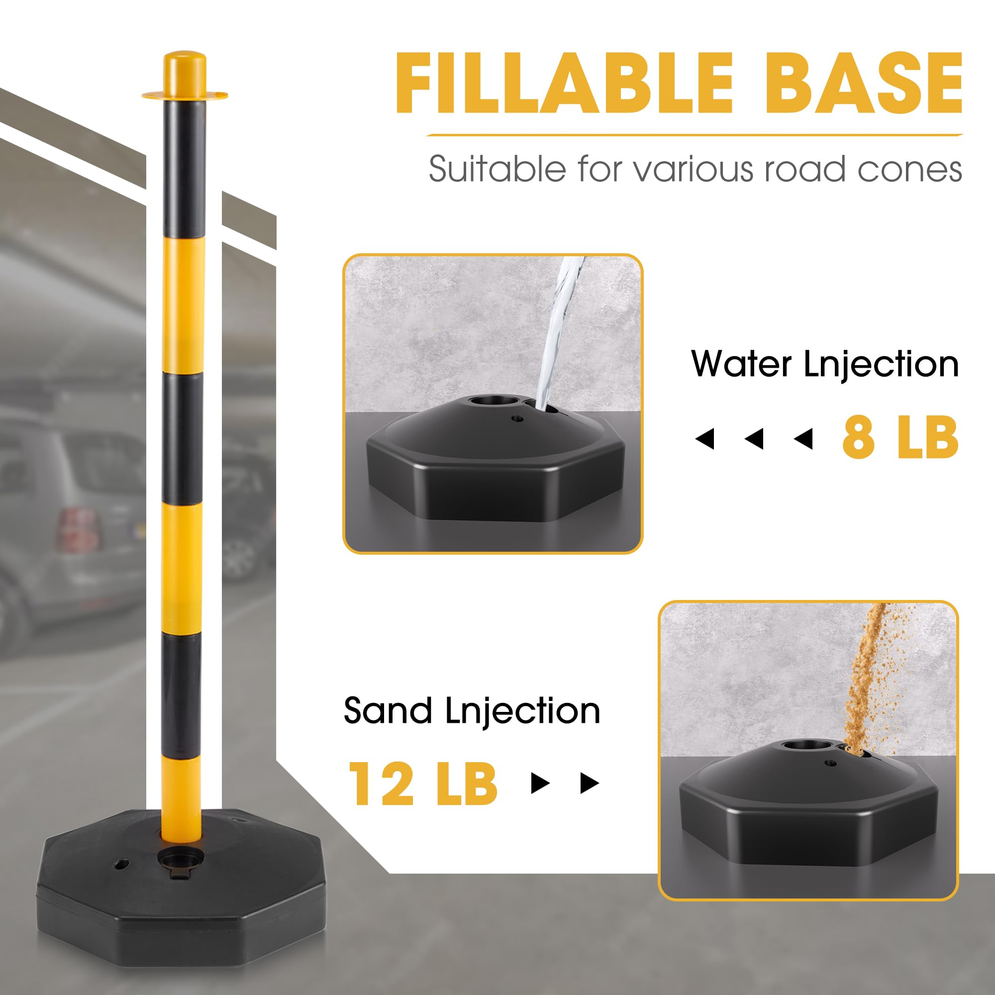 AHB® 6 Pack Traffic Barricade Delineator Post with Fillable Base, Crowd Control Barriers, Cones for Parking Lot, Adjustable Stanchions with 5.4FT Plastic Chain Outdoor and Indoor