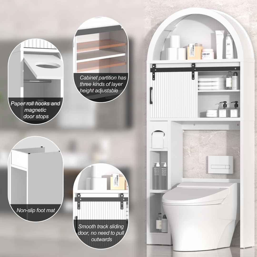 Over The Toilet Storage Cabinet with Wood Grain Doors and Arc Design