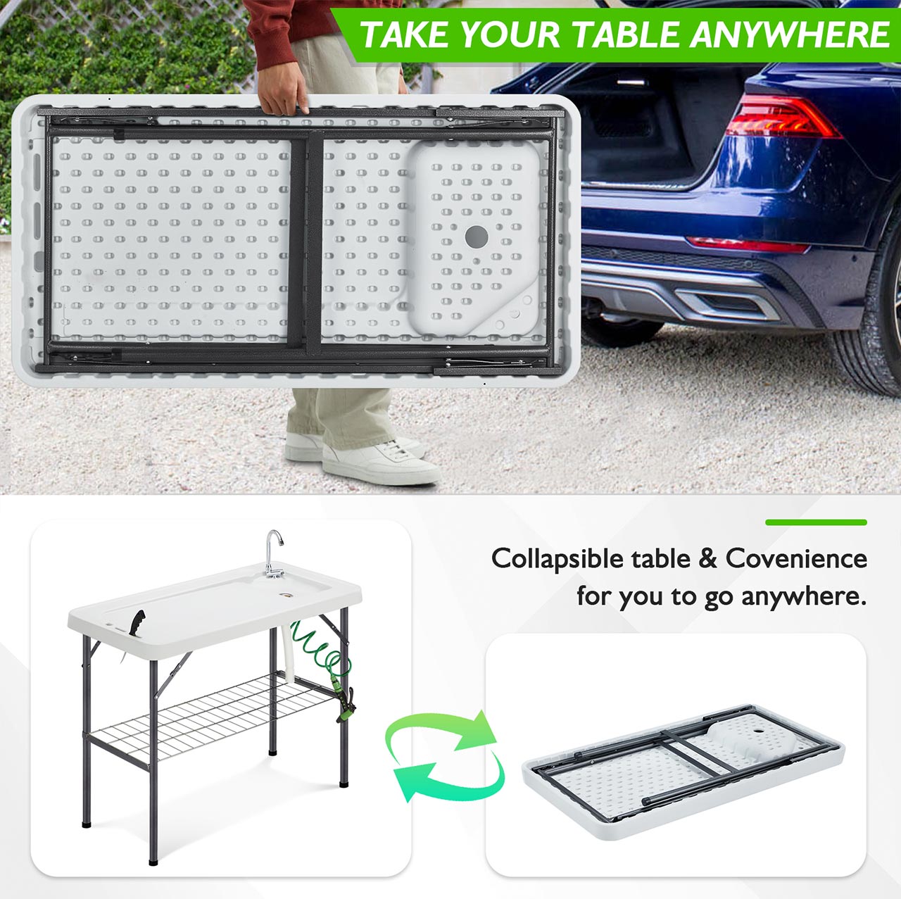 AHB® Folding Fish Cleaning Table Portable Camping Sink with Faucet Drainage Hose & Sprayer