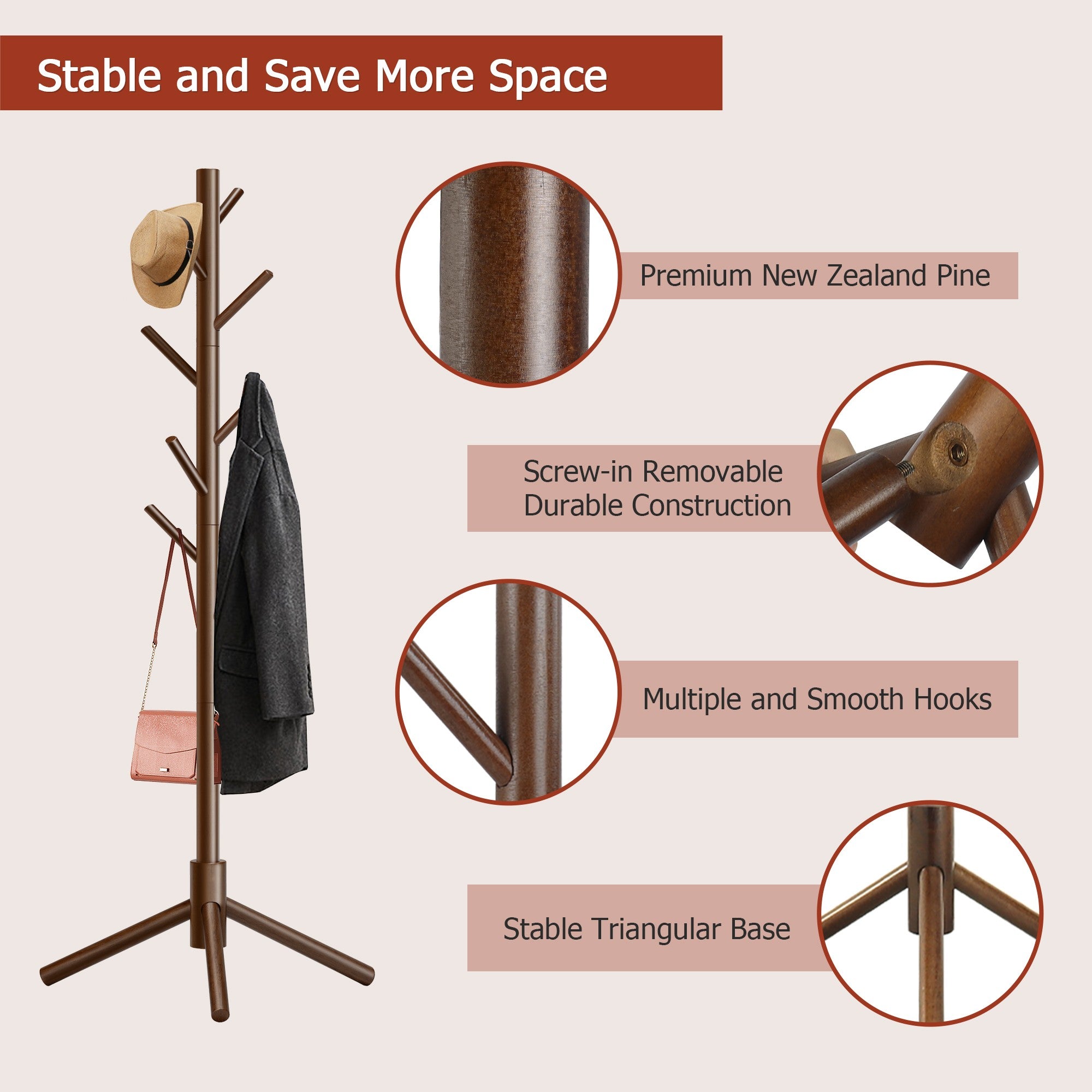 Durable Wooden Coat Rack, Freestanding Coat Rack, 8 Hooks & 3 Adjustable Heights