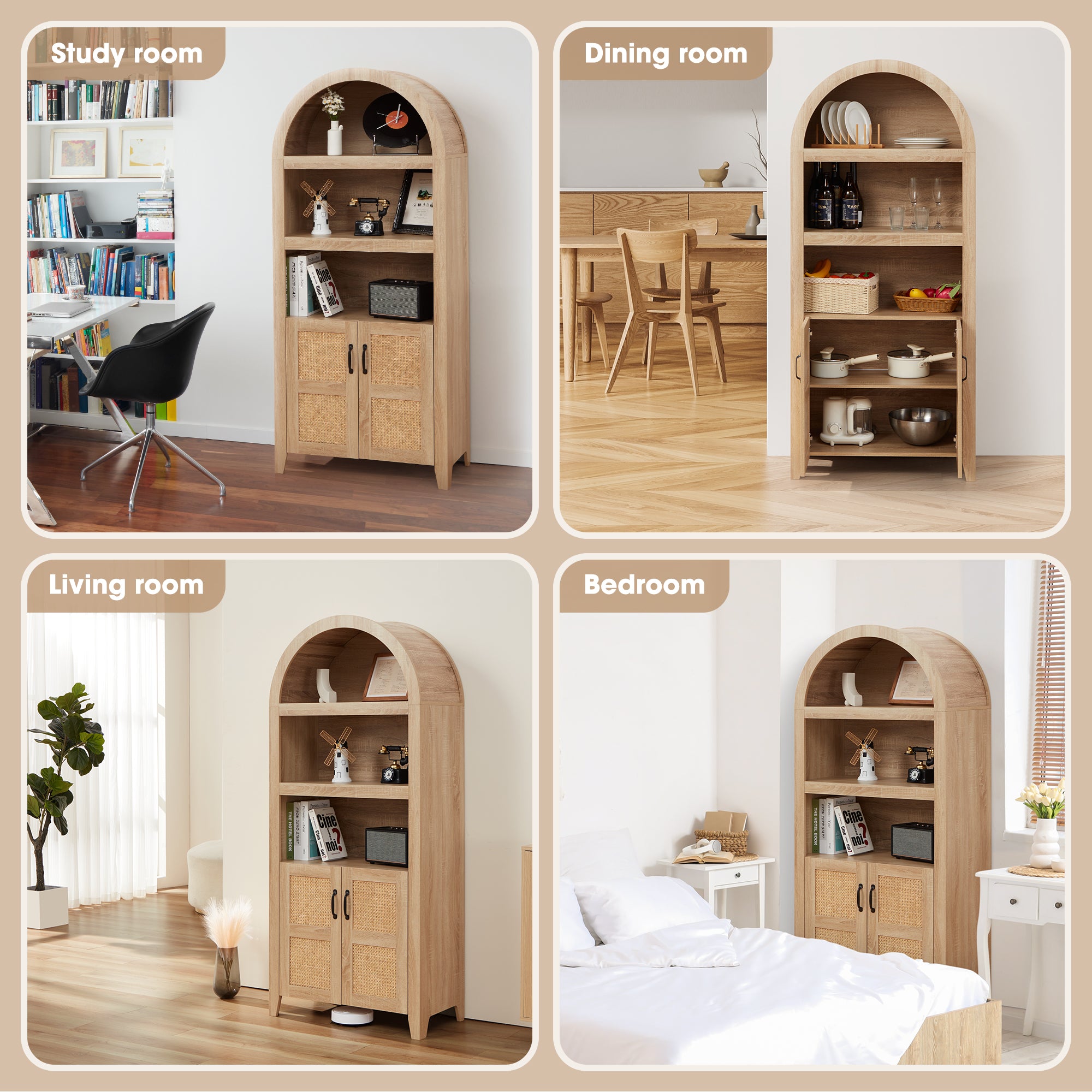 72" Arched Cabinet with Woven Rattan Door and Adjustable Shelves. A Versatile Storage Piece for Kitchen or Living Room