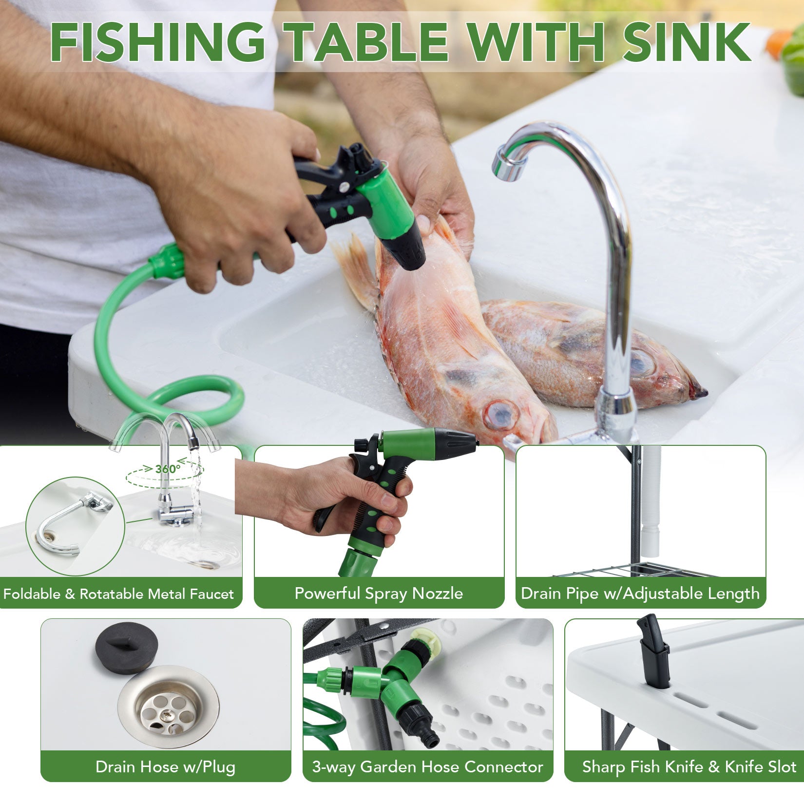 AHB® Folding Fish Cleaning Table Portable Camping Sink with Faucet Drainage Hose & Sprayer