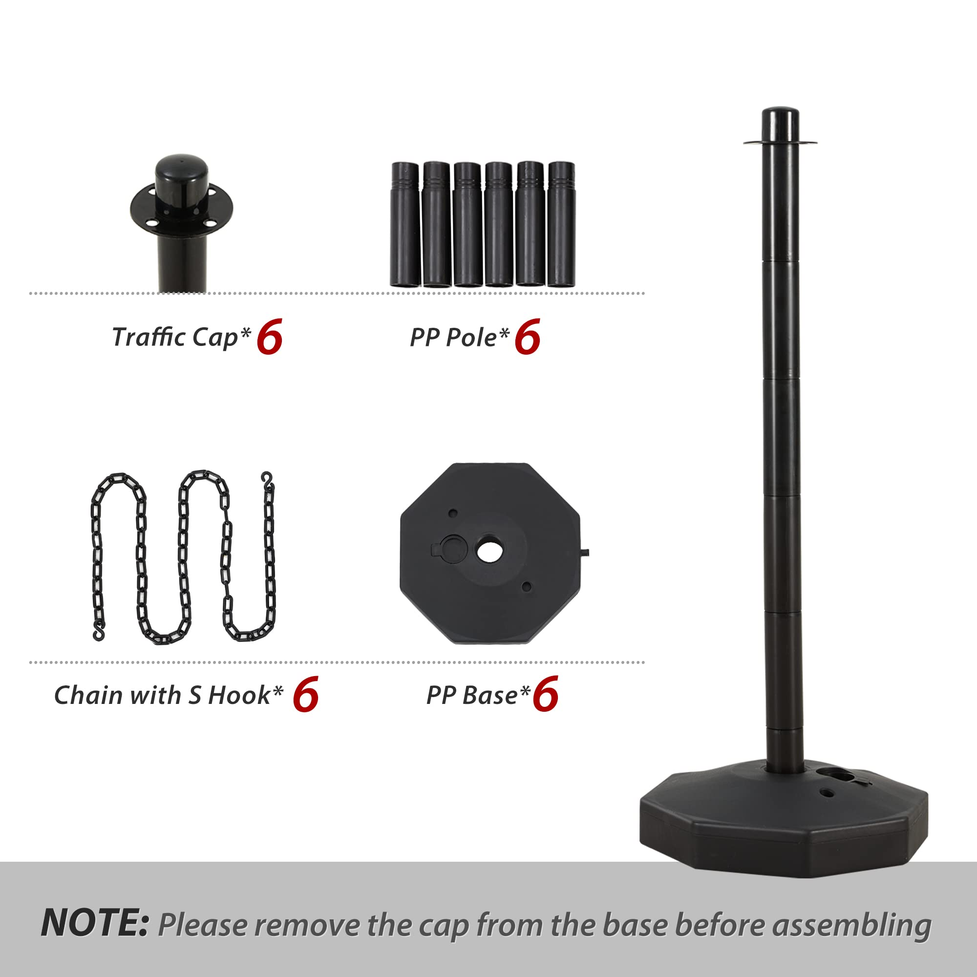 AHB® 6 Pack Traffic Barricade Delineator Post with Fillable Base, Crowd Control Barriers, Cones for Parking Lot, Adjustable Stanchions with 5.4FT Plastic Chain Outdoor and Indoor