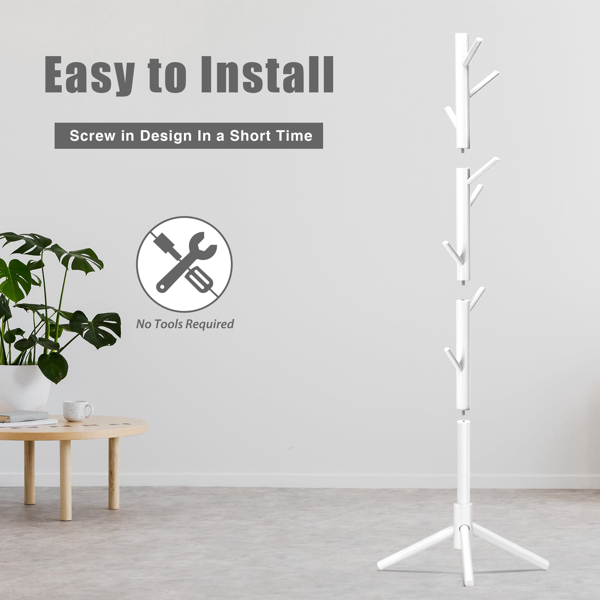 Durable Wooden Coat Rack, Freestanding Coat Rack, 8 Hooks & 3 Adjustable Heights
