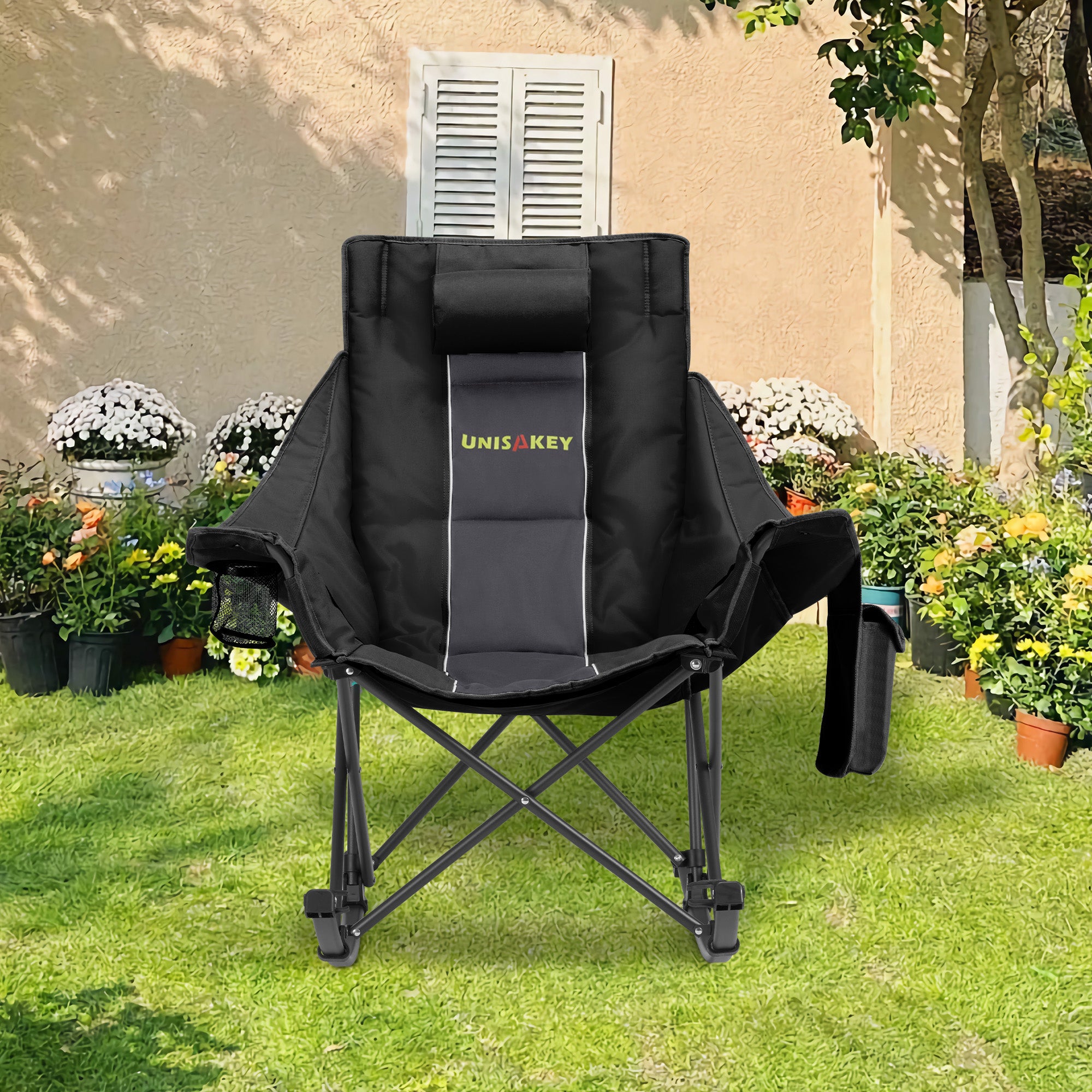 Oversized Rocking Camping Chair with Headrest & Cup Holder - 400lbs Capacity, 600D Oxford Fabric