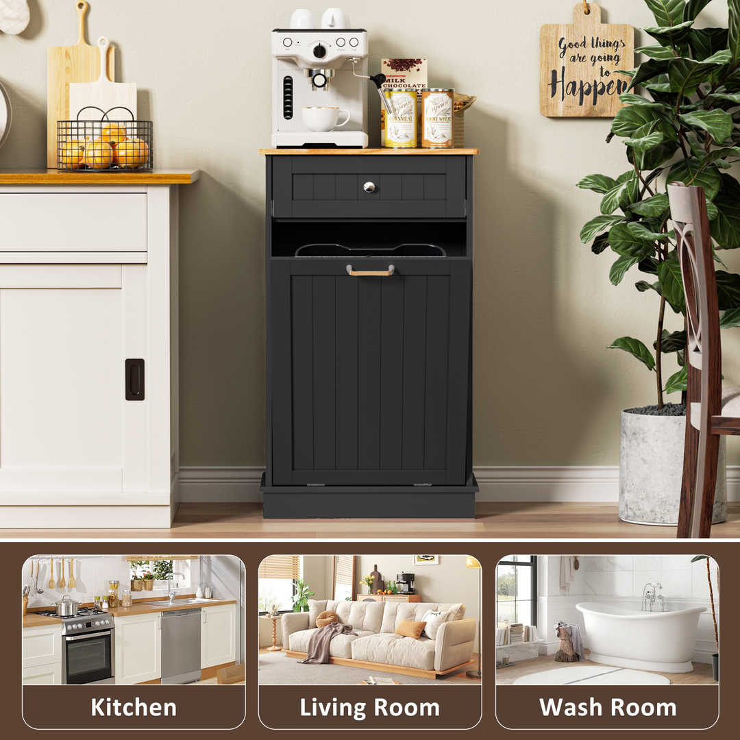 Single Tilt Out Trash Cabinet for 13 Gallon Waste Bin, Free Standing Kitchen Trash Can Cabinet with Drawers