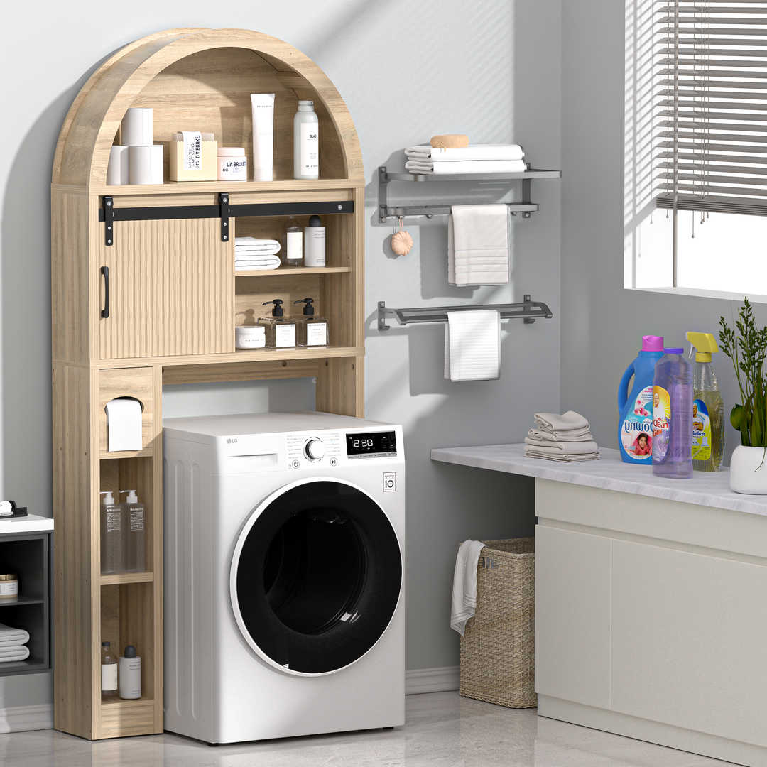 Over The Toilet Storage Cabinet with Wood Grain Doors and Arc Design