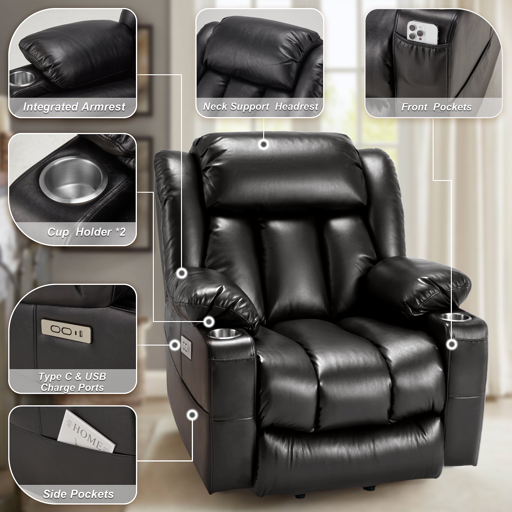 AHB® Power Lift Recliner Leather Chair Sofa with Massage & Heat, Lazy Boy Chair with Cup Holders, USB & Type-C Ports, Remote Control
