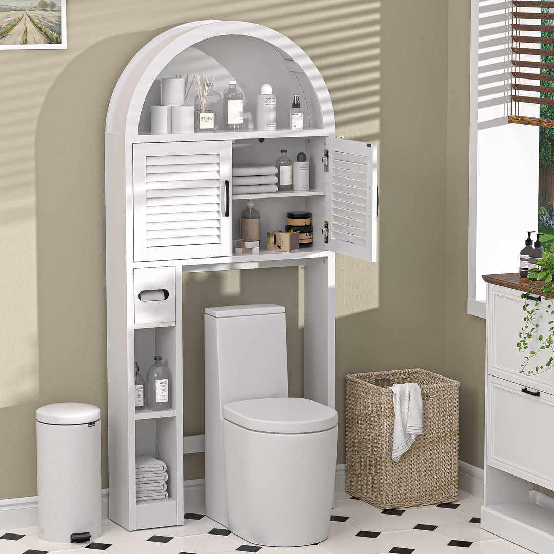 Over The Toilet Storage Cabinet with Wood Grain Doors and Arc Design
