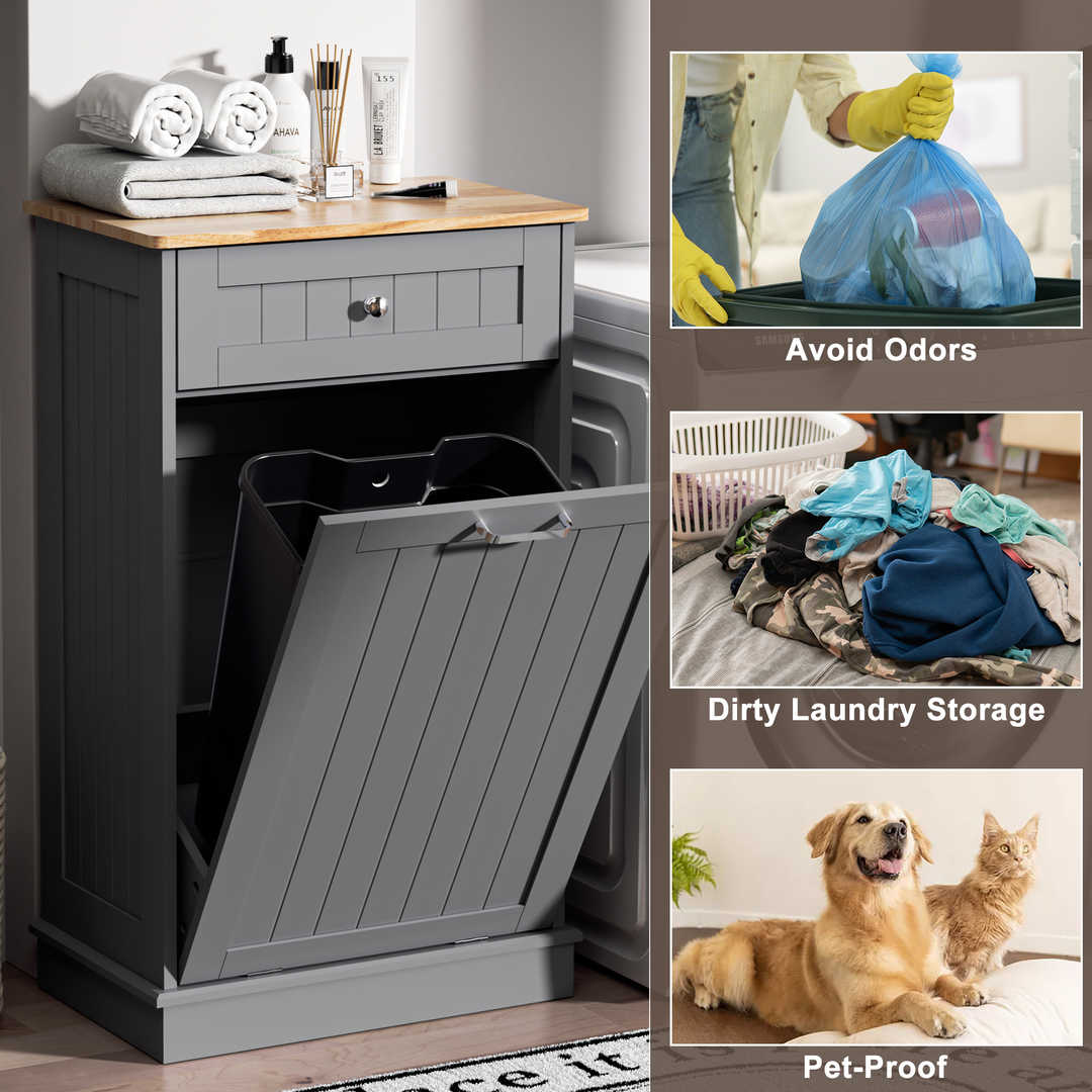 Single Tilt Out Trash Cabinet for 13 Gallon Waste Bin, Free Standing Kitchen Trash Can Cabinet with Drawers
