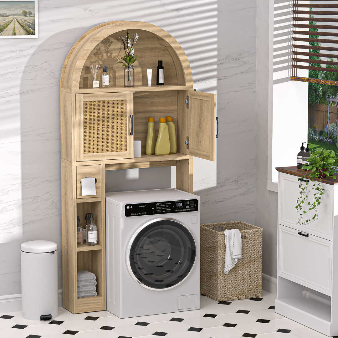 Over The Toilet Storage Cabinet with Wood Grain Doors and Arc Design