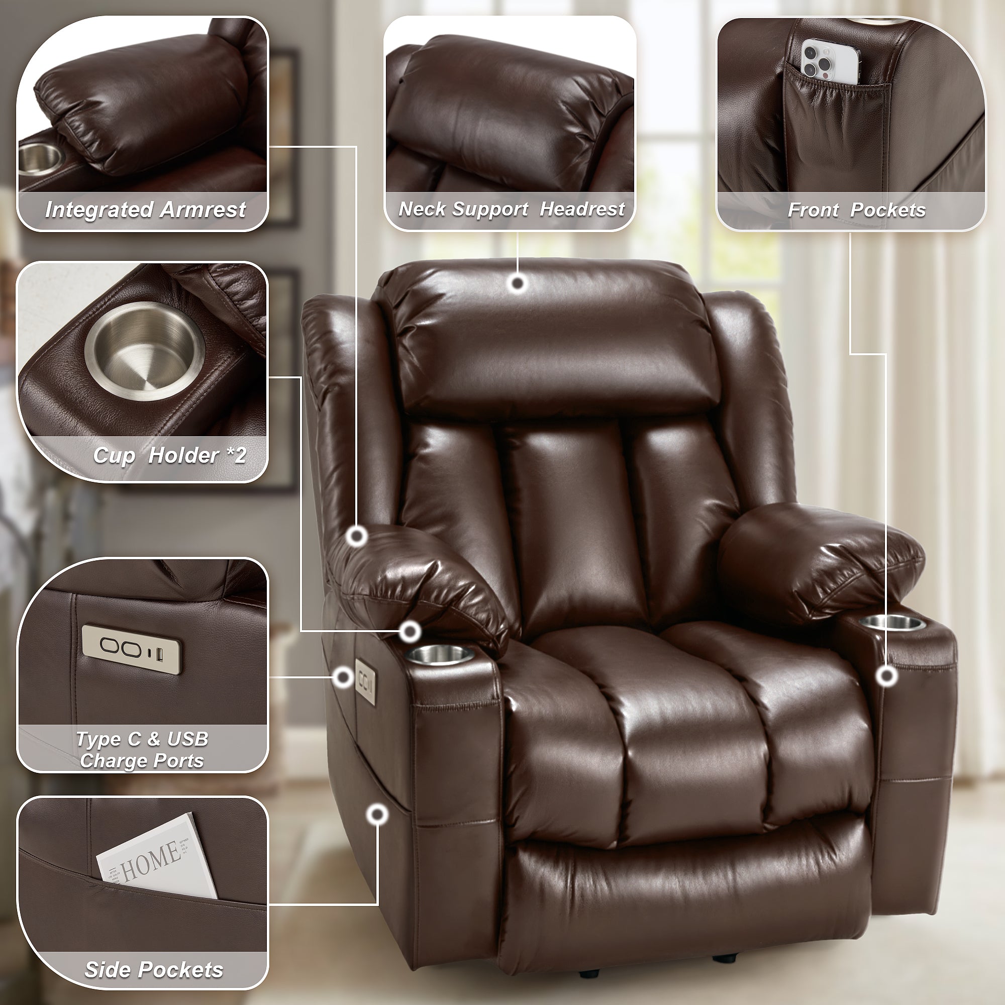 AHB® Power Lift Recliner Leather Chair Sofa with Massage & Heat, Lazy Boy Chair with Cup Holders, USB & Type-C Ports, Remote Control