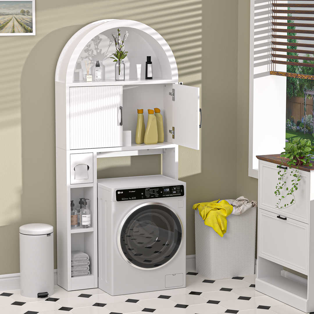 Over The Toilet Storage Cabinet with Wood Grain Doors and Arc Design