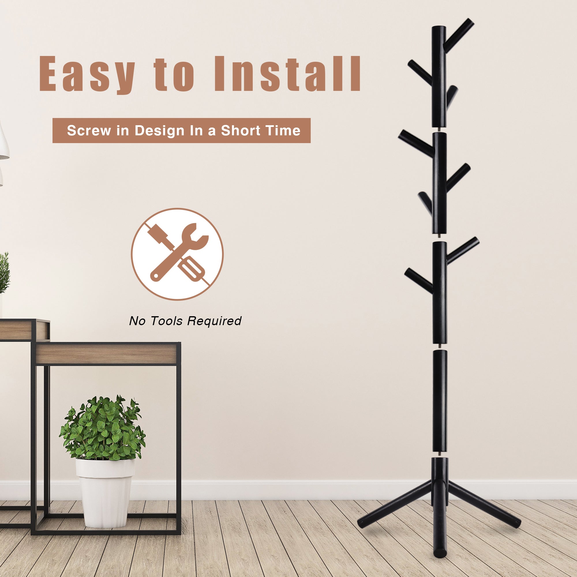Durable Wooden Coat Rack, Freestanding Coat Rack, 8 Hooks & 3 Adjustable Heights