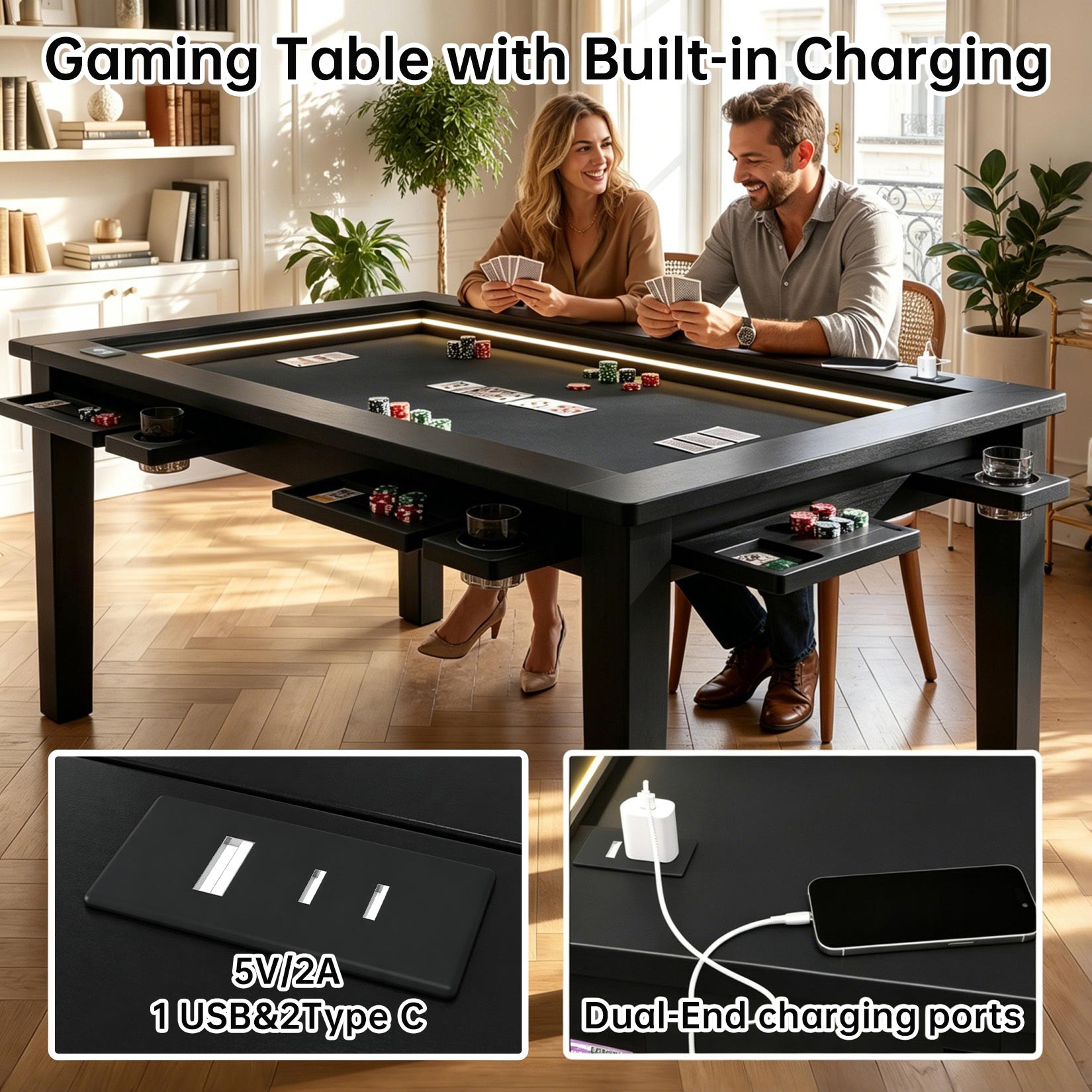 AHB® Solid Wood Board Game Table for 4-6 with Led Light