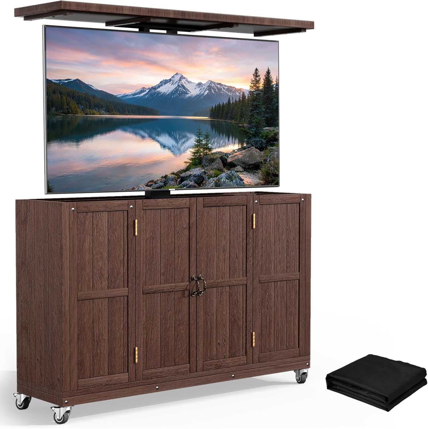 AHB® Solid Wood Outdoor Motorized TV Lift Cabinet with Lockable Wheels For 32-65" TVs