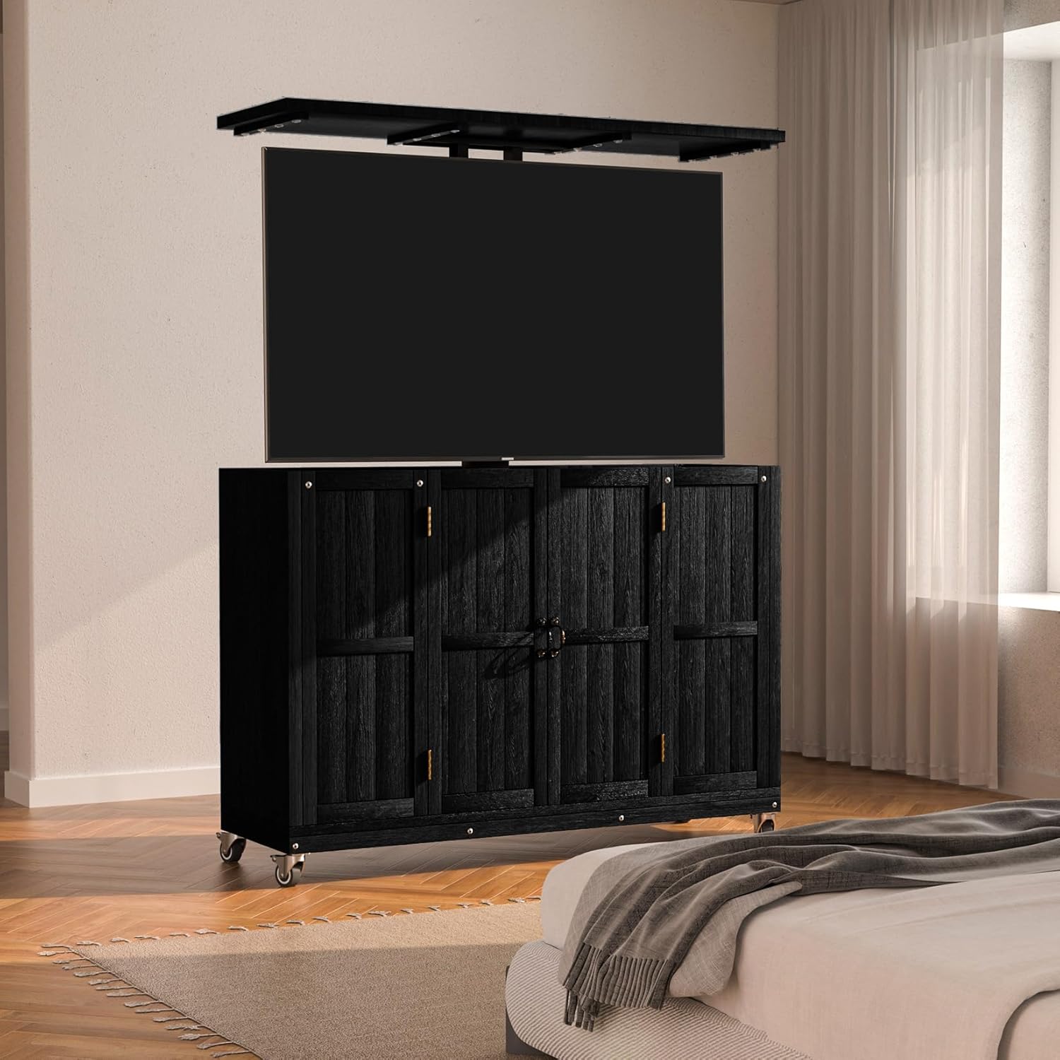 AHB® Solid Wood Outdoor Motorized TV Lift Cabinet with Lockable Wheels For 32-65" TVs