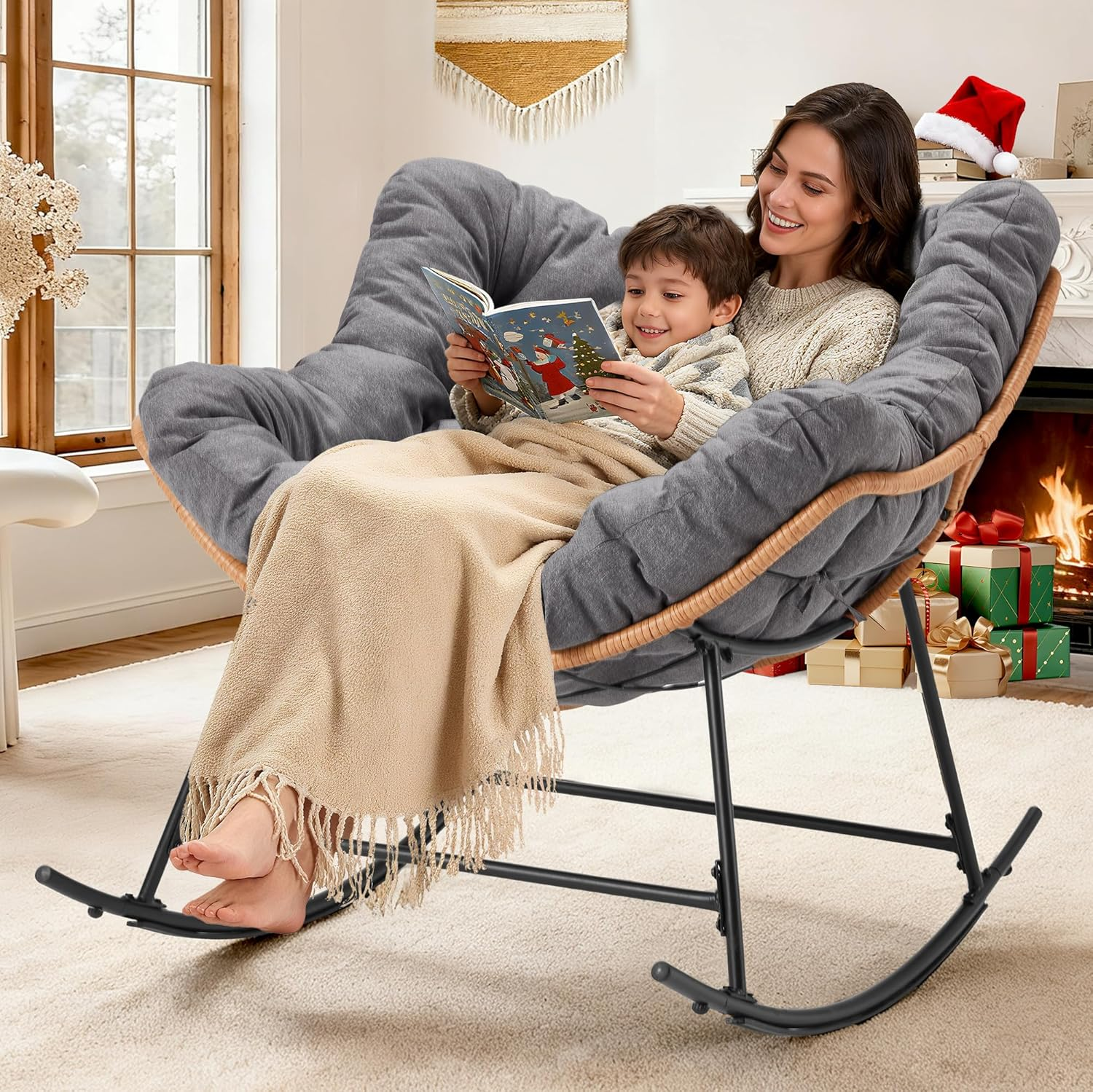 AHB® Oversized Indoor Rocking Chair with Thick Cushion, Cozy Egg-Shaped Wicker for Bedroom, Living room, Patio, Courtyard