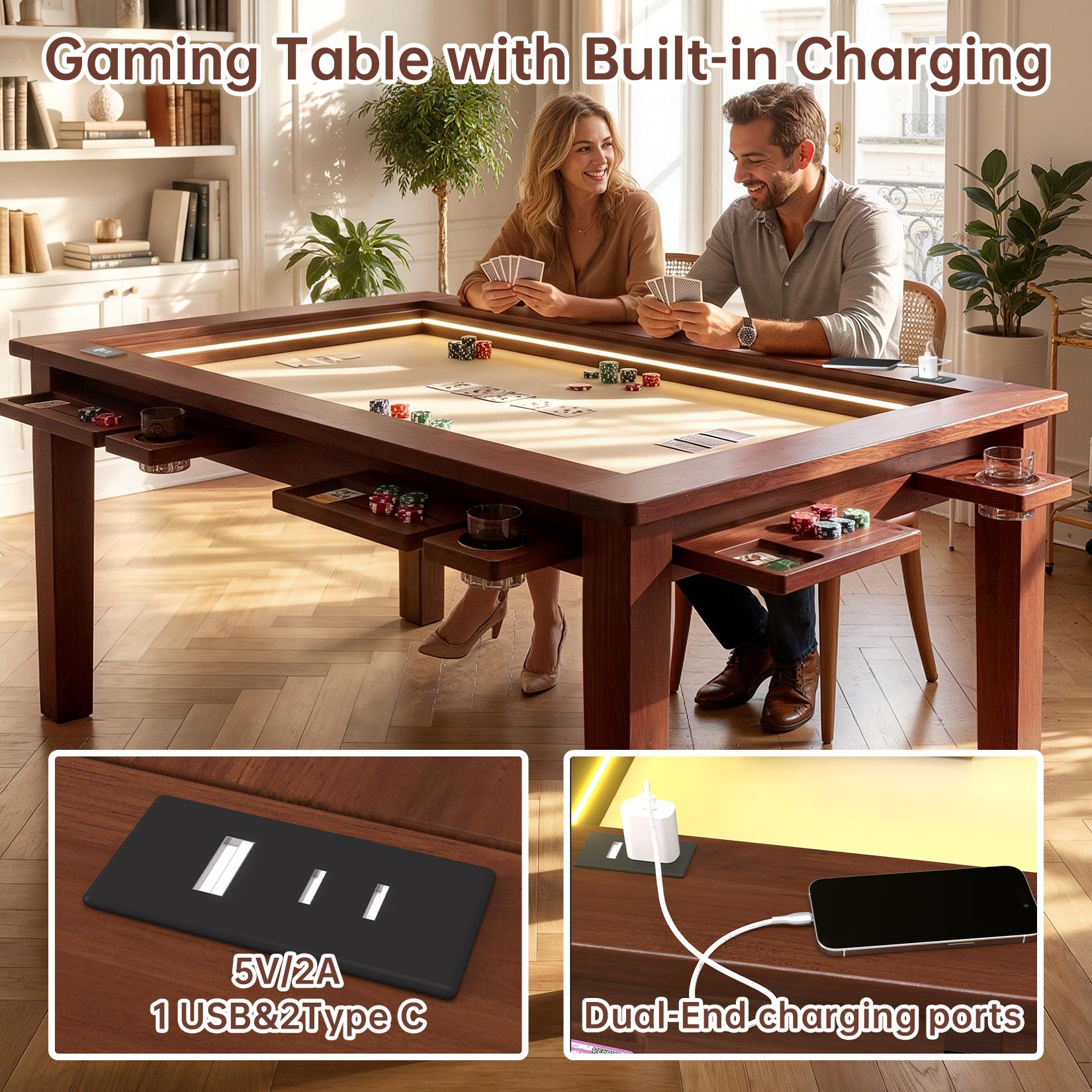 AHB® Solid Wood Board Game Table for 4-6 with Led Light