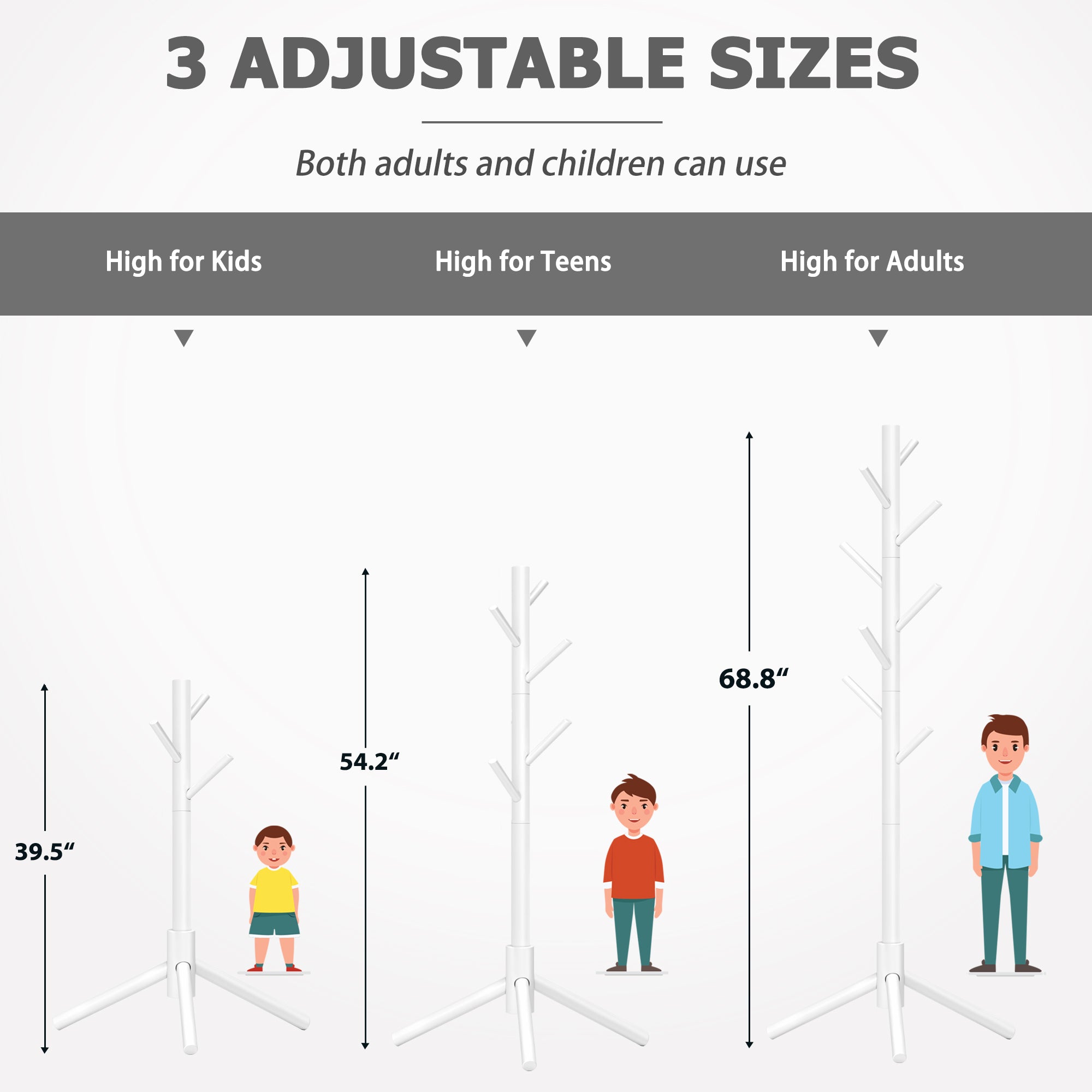 Durable Wooden Coat Rack, Freestanding Coat Rack, 8 Hooks & 3 Adjustable Heights