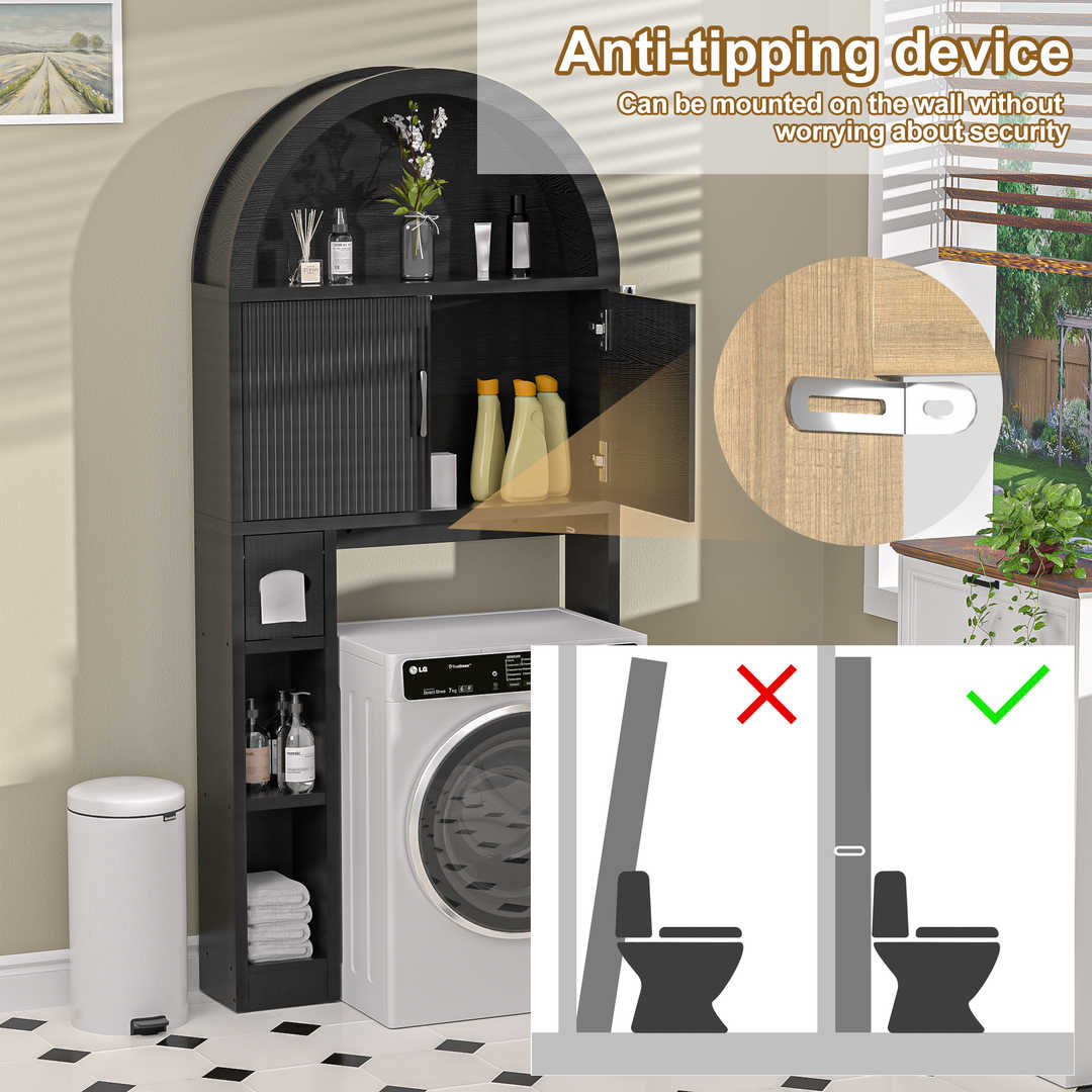 Over The Toilet Storage Cabinet with Wood Grain Doors and Arc Design