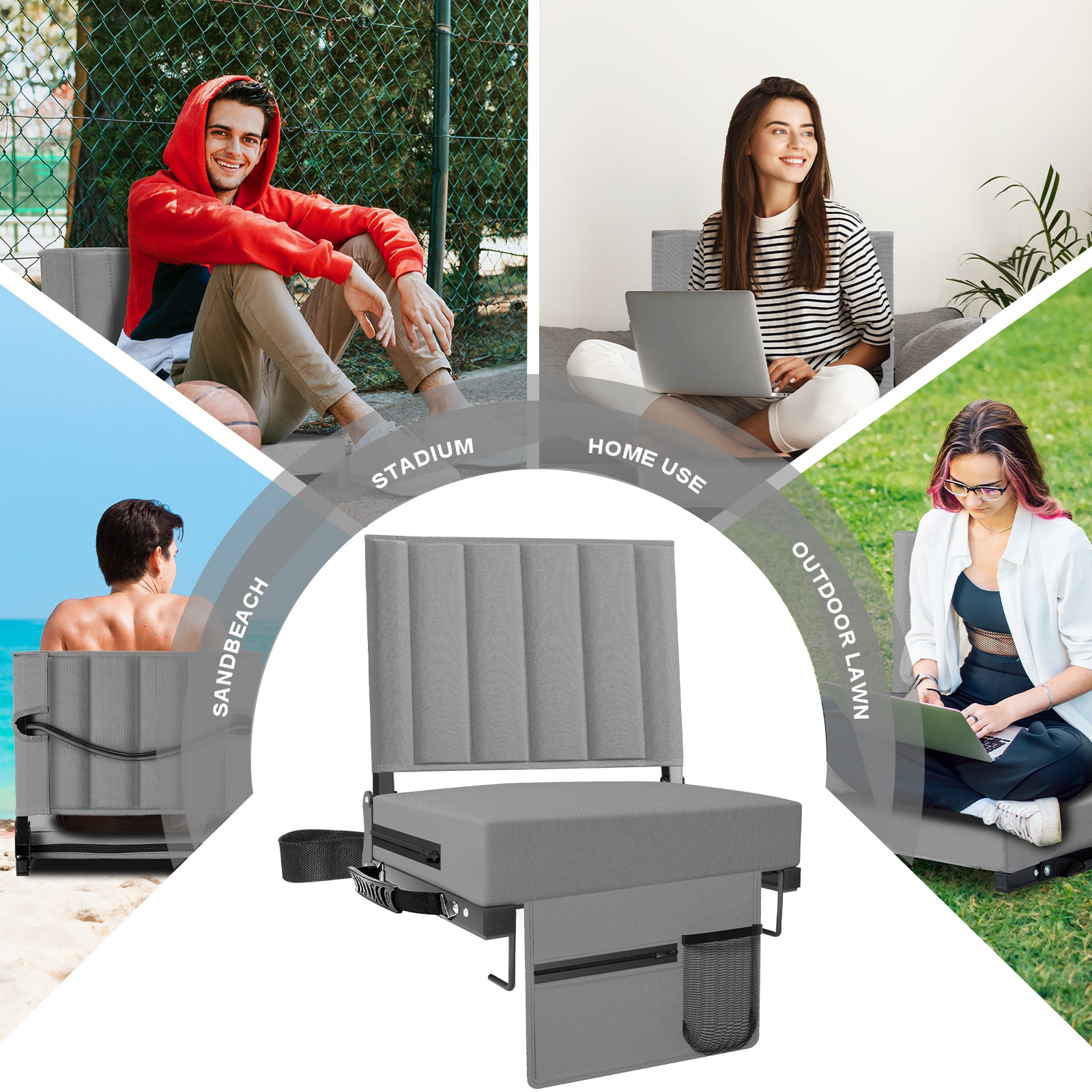 AHB® Stadium Seat for Bleachers with Back Support and Cushion, Bleacher Seats with Shoulder Strap and Cup Holder, Padded Portable Folding Comfort Stadium Chair, for Sports Events, Grey