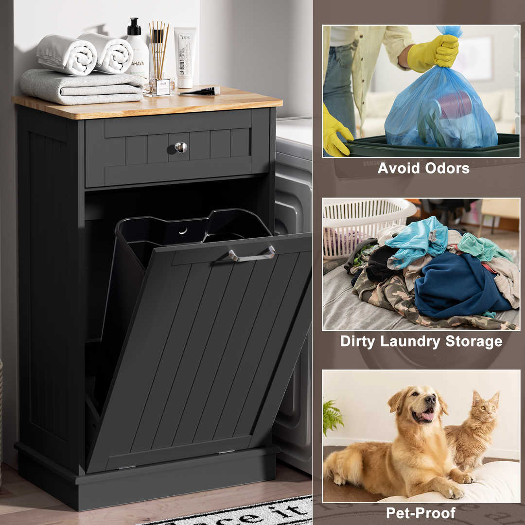 Single Tilt Out Trash Cabinet for 13 Gallon Waste Bin, Free Standing Kitchen Trash Can Cabinet with Drawers