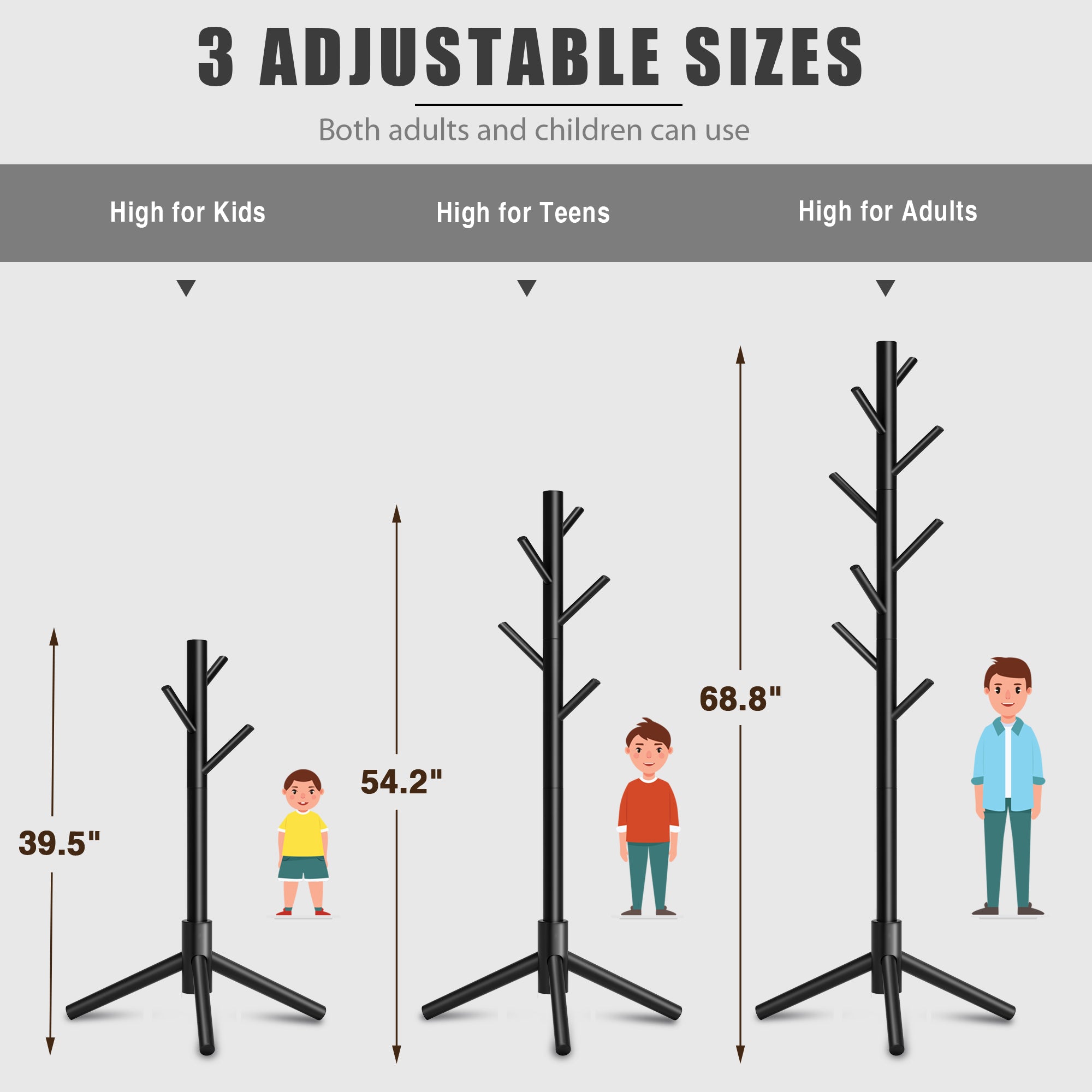 Durable Wooden Coat Rack, Freestanding Coat Rack, 8 Hooks & 3 Adjustable Heights