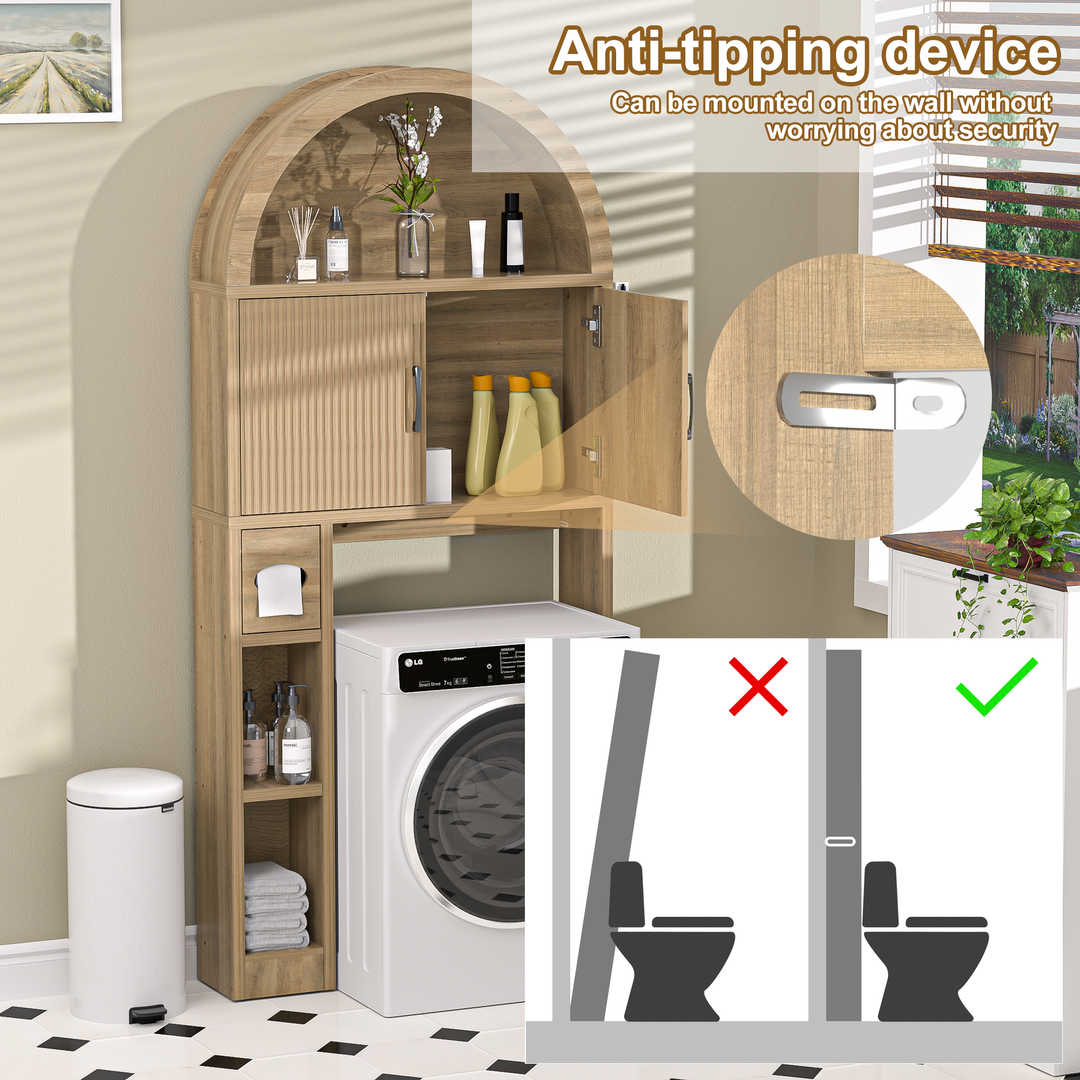 Over The Toilet Storage Cabinet with Wood Grain Doors and Arc Design