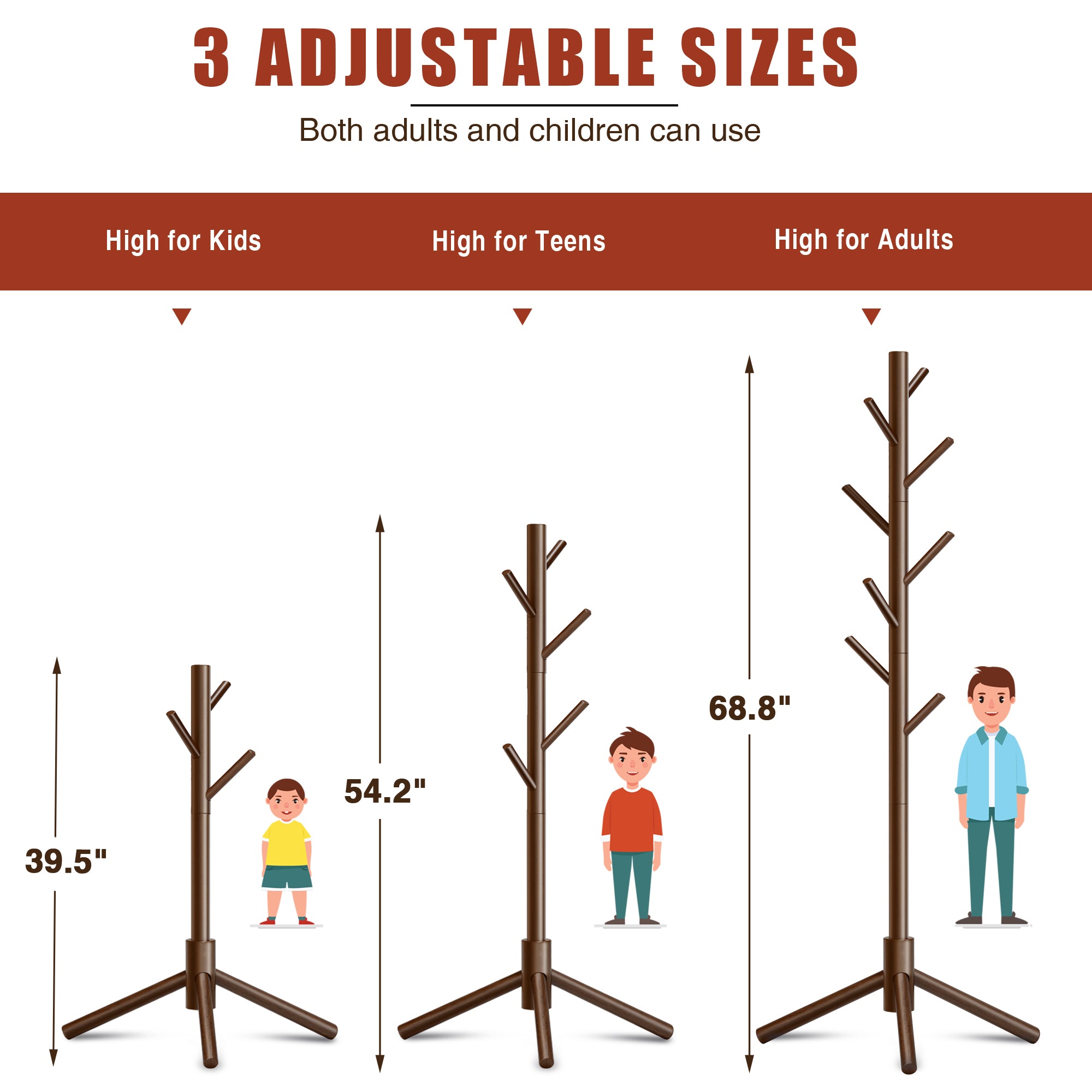 Durable Wooden Coat Rack, Freestanding Coat Rack, 8 Hooks & 3 Adjustable Heights