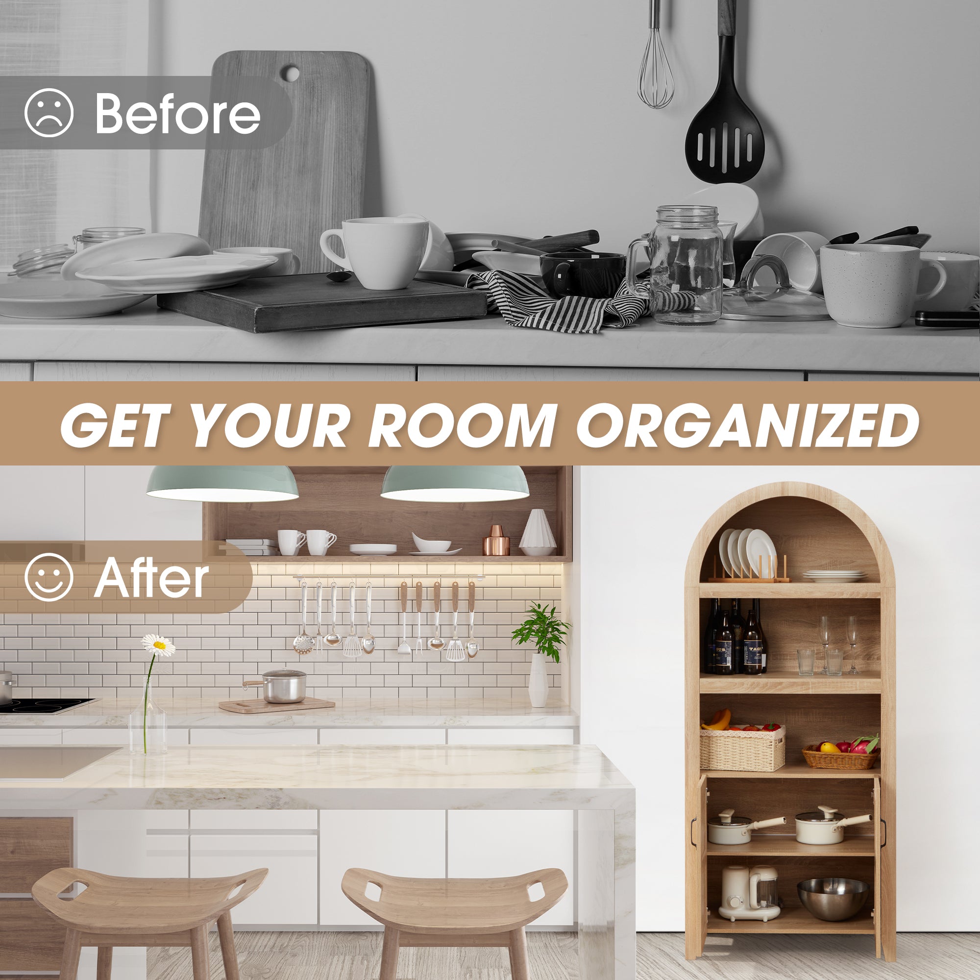 72" Arched Cabinet with Woven Rattan Door and Adjustable Shelves. A Versatile Storage Piece for Kitchen or Living Room