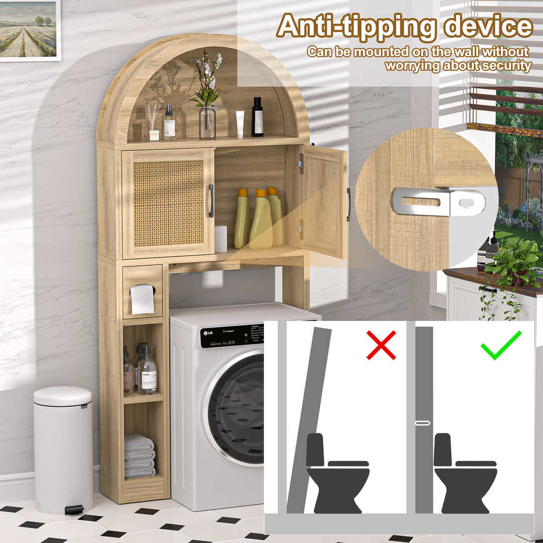 Over The Toilet Storage Cabinet with Wood Grain Doors and Arc Design