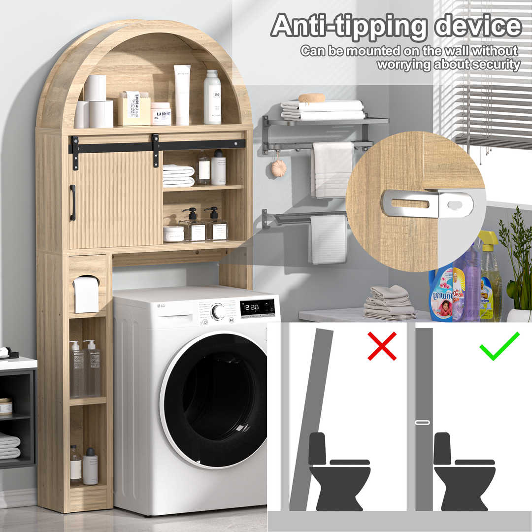 Over The Toilet Storage Cabinet with Wood Grain Doors and Arc Design