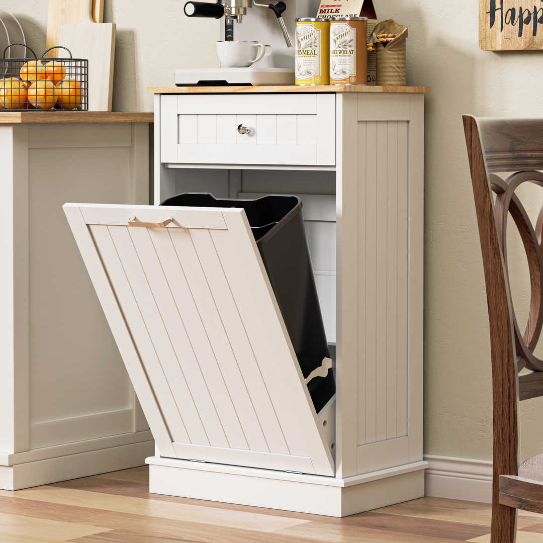 Single Tilt Out Trash Cabinet for 13 Gallon Waste Bin, Free Standing Kitchen Trash Can Cabinet with Drawers