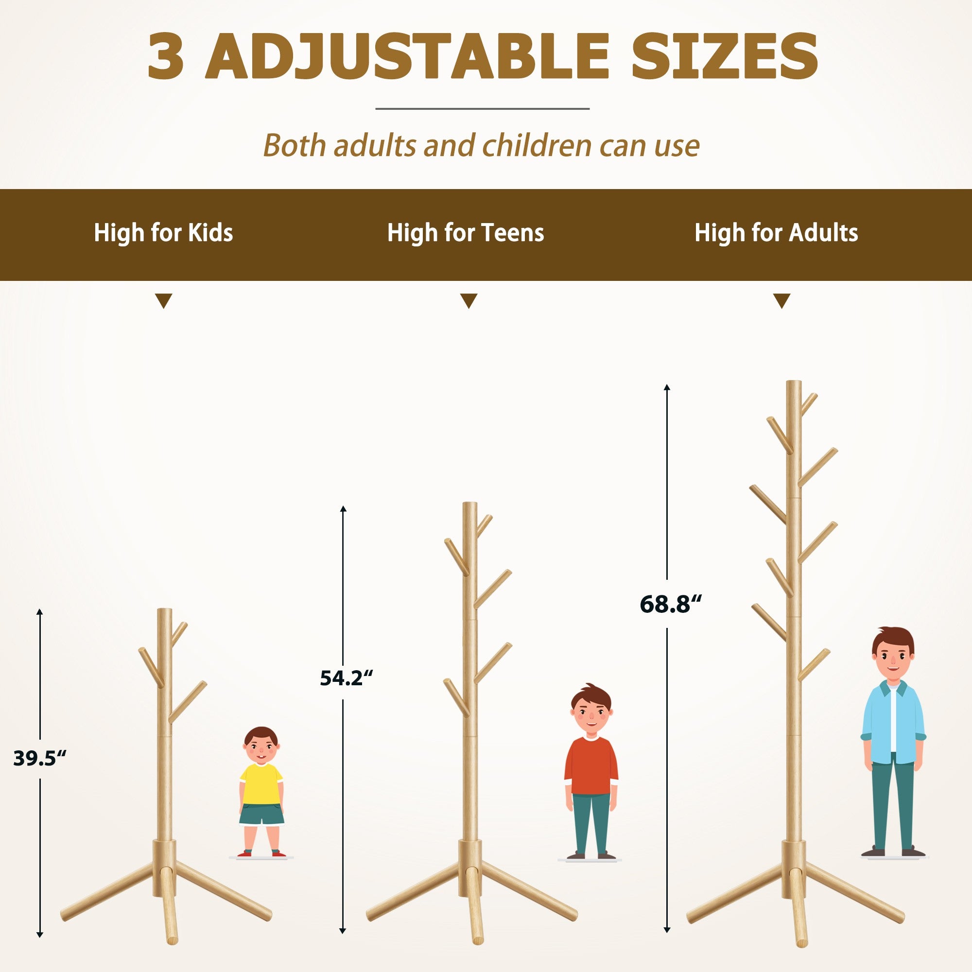 Durable Wooden Coat Rack, Freestanding Coat Rack, 8 Hooks & 3 Adjustable Heights