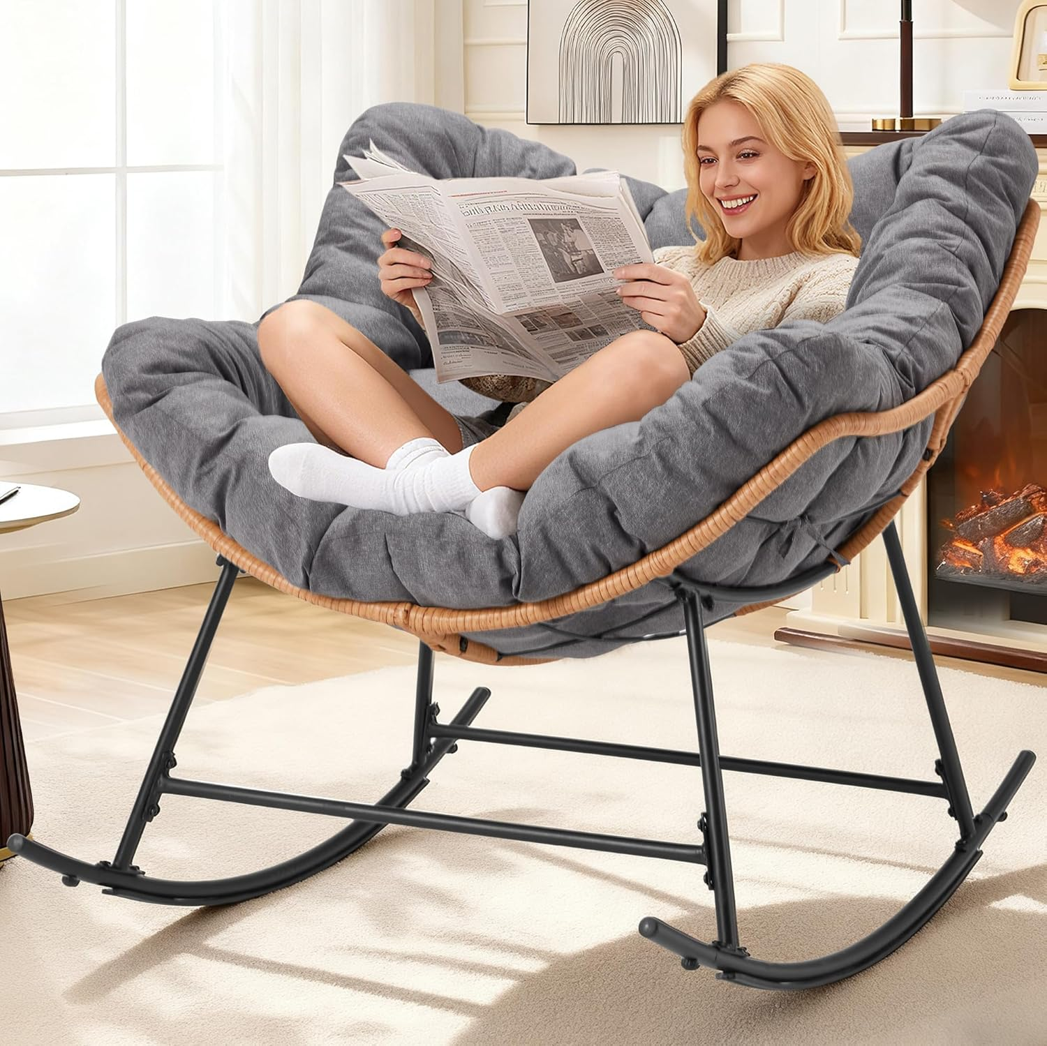 AHB® Oversized Indoor Rocking Chair with Thick Cushion, Cozy Egg-Shaped Wicker for Bedroom, Living room, Patio, Courtyard